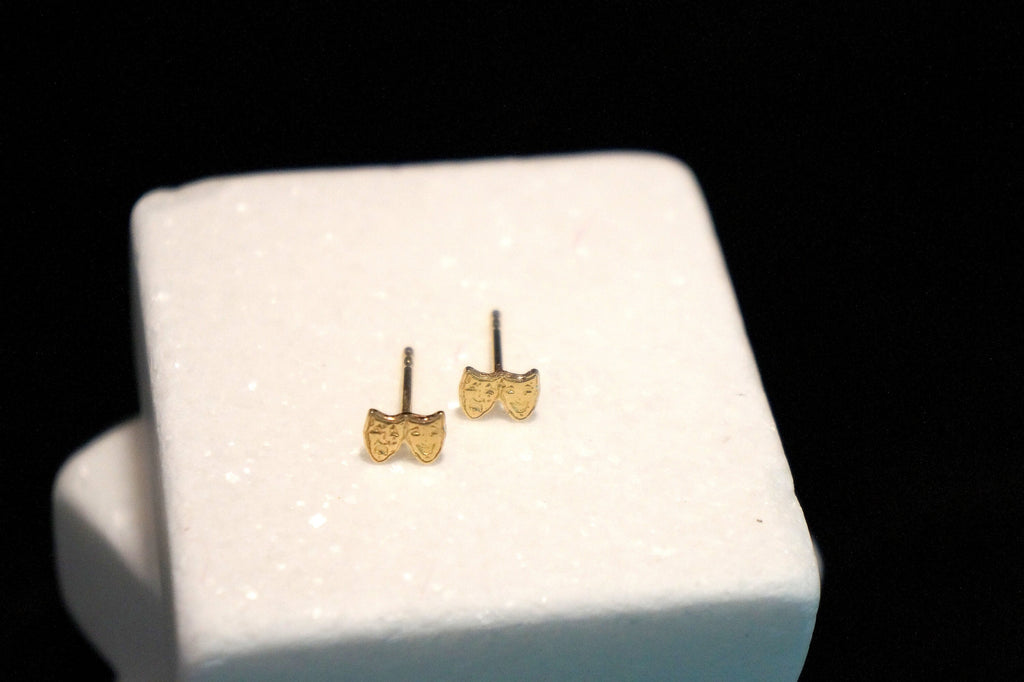 Solid Gold Earrings - Theater Mask Studs 9K 14K 18K Comedy & Tragedy Jewelry