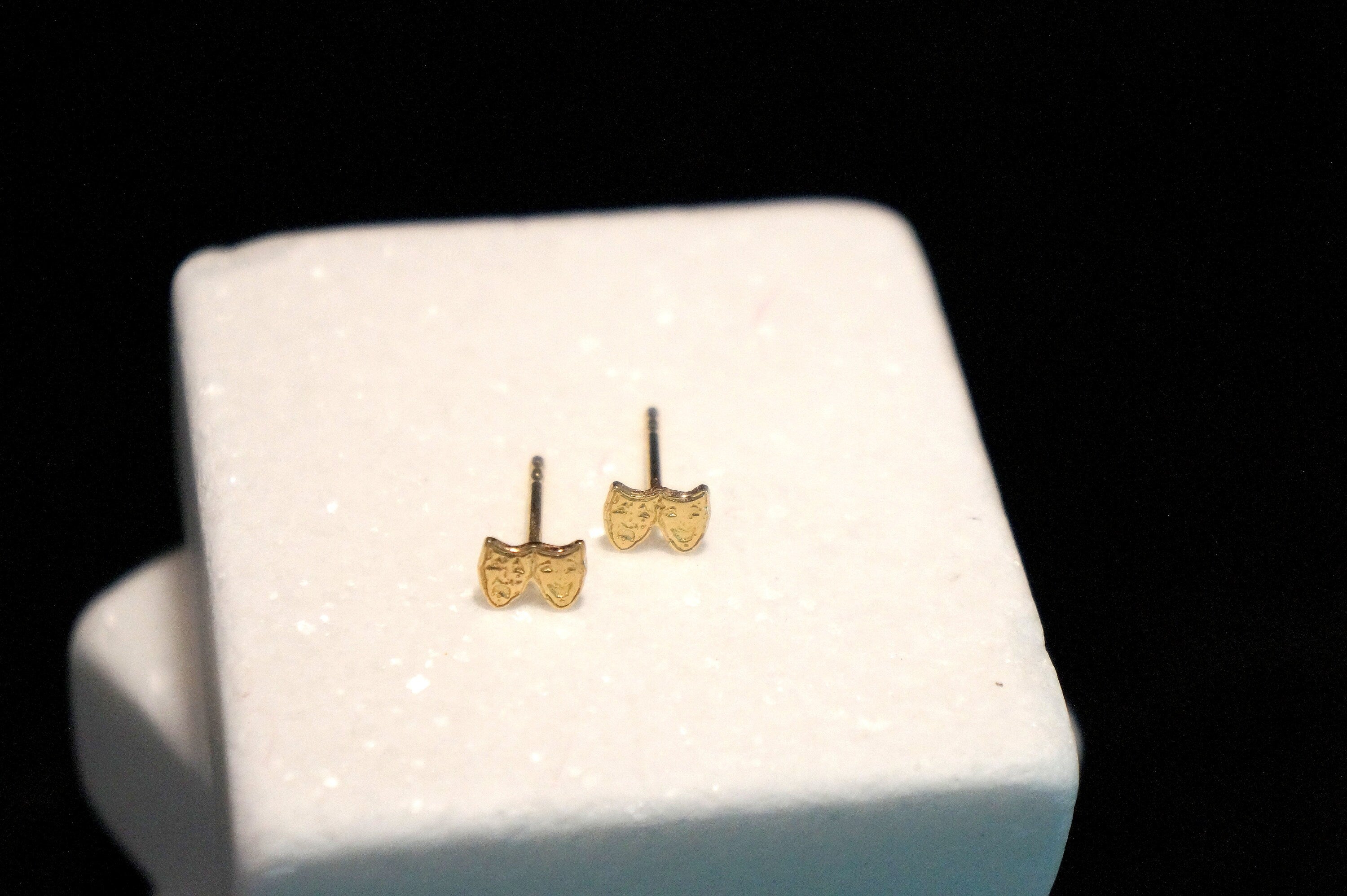 Solid Gold Earrings - Theater Mask Studs 9K 14K 18K Comedy & Tragedy Jewelry