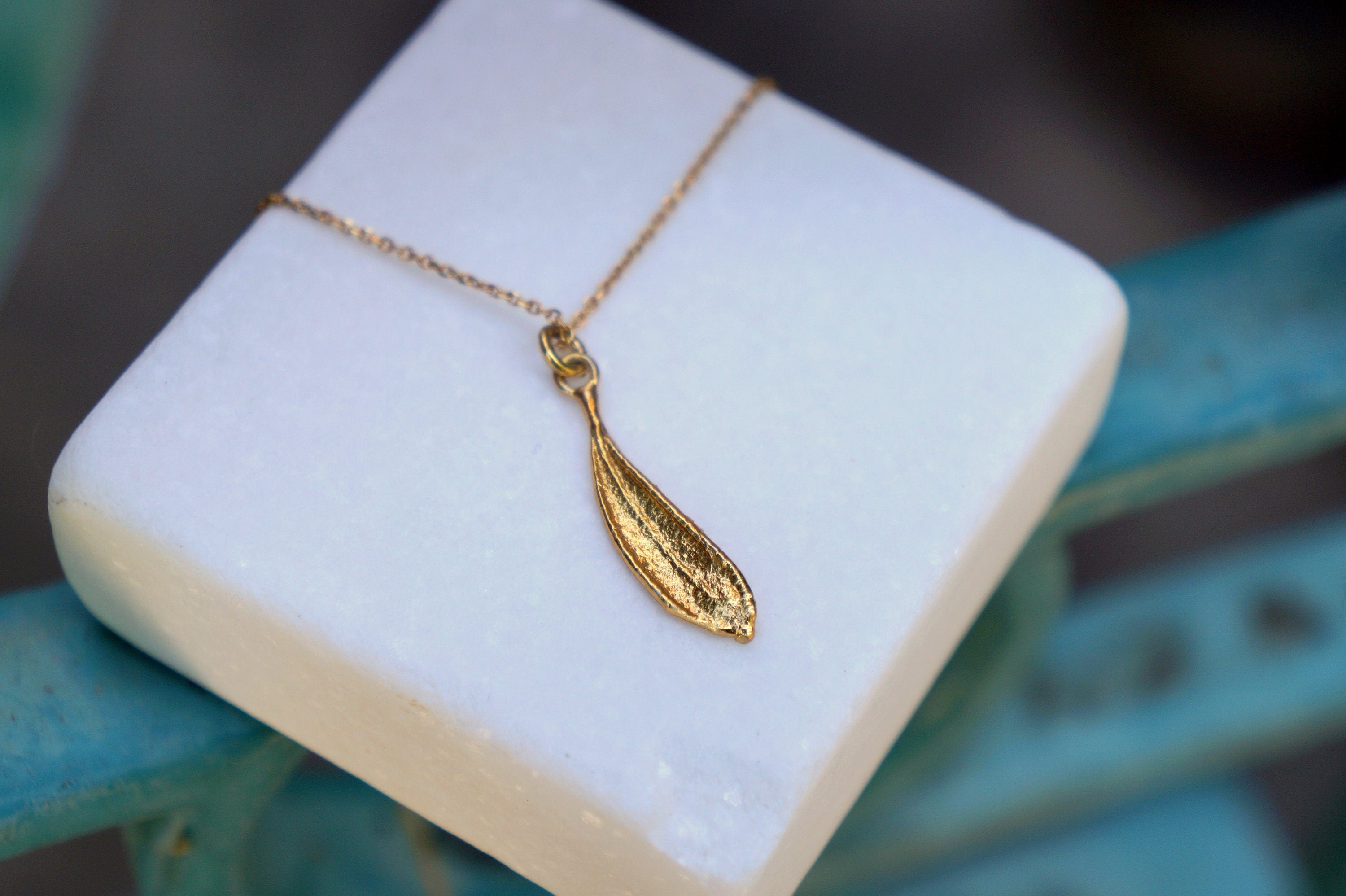 Solid Gold Olive Pendant – Dainty Leaf Necklace with Real Gold Chain