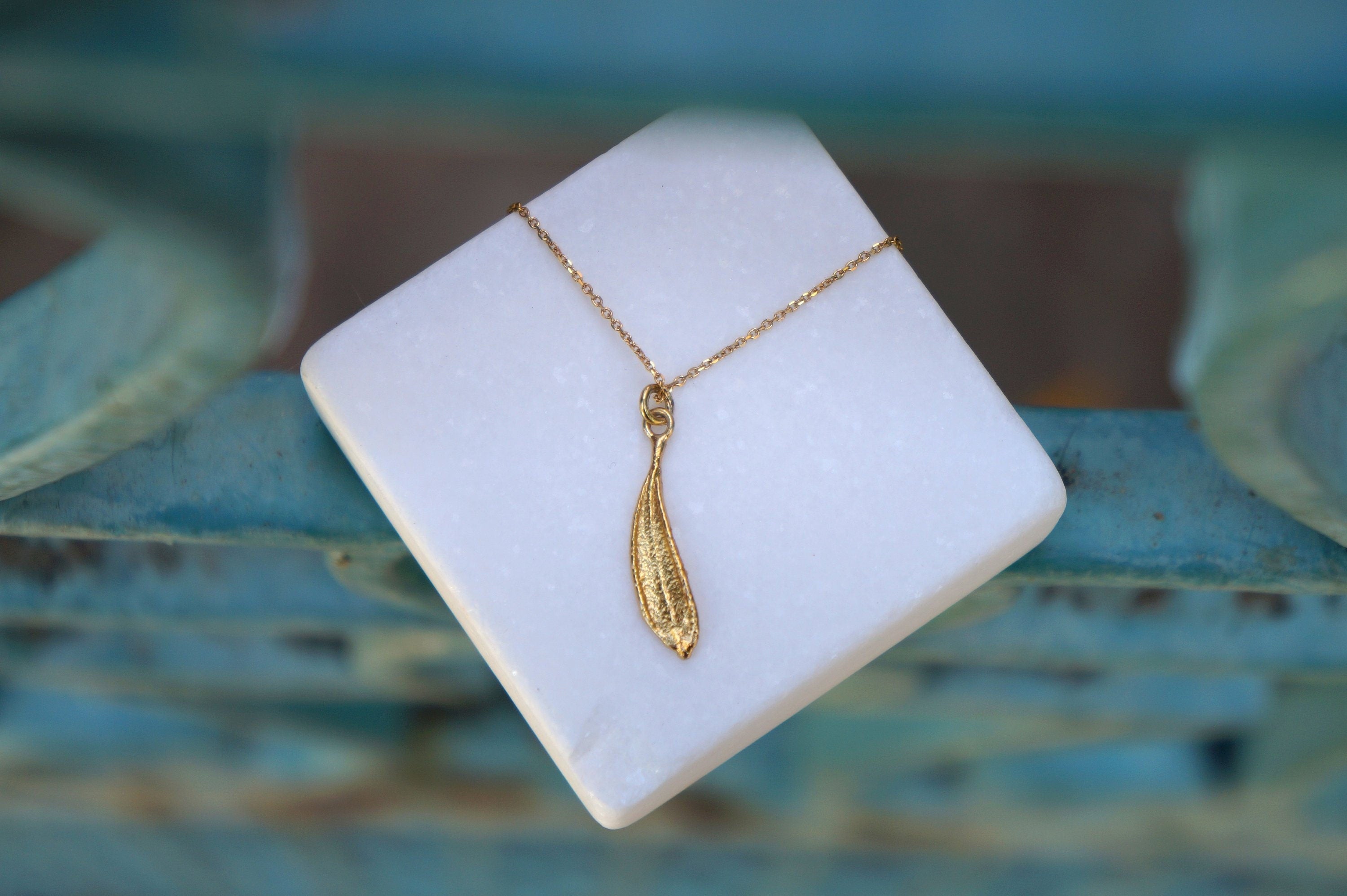 Solid Gold Olive Pendant – Dainty Leaf Necklace with Real Gold Chain