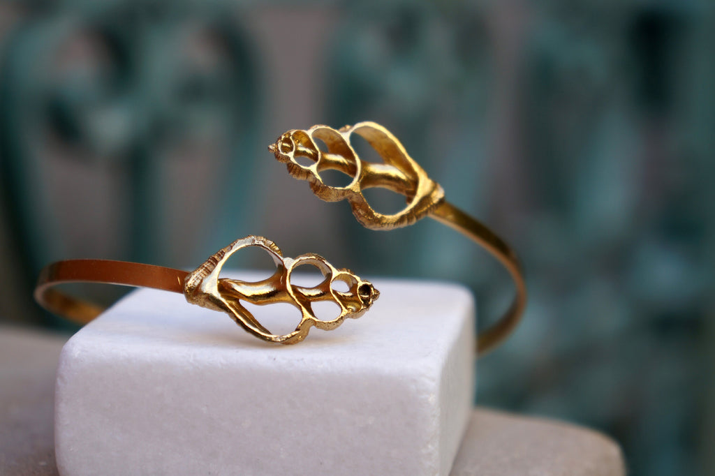 Sea Shell Bracelet - Sterling Silver 925 & 14K Gold Plated Adjustable Cuff