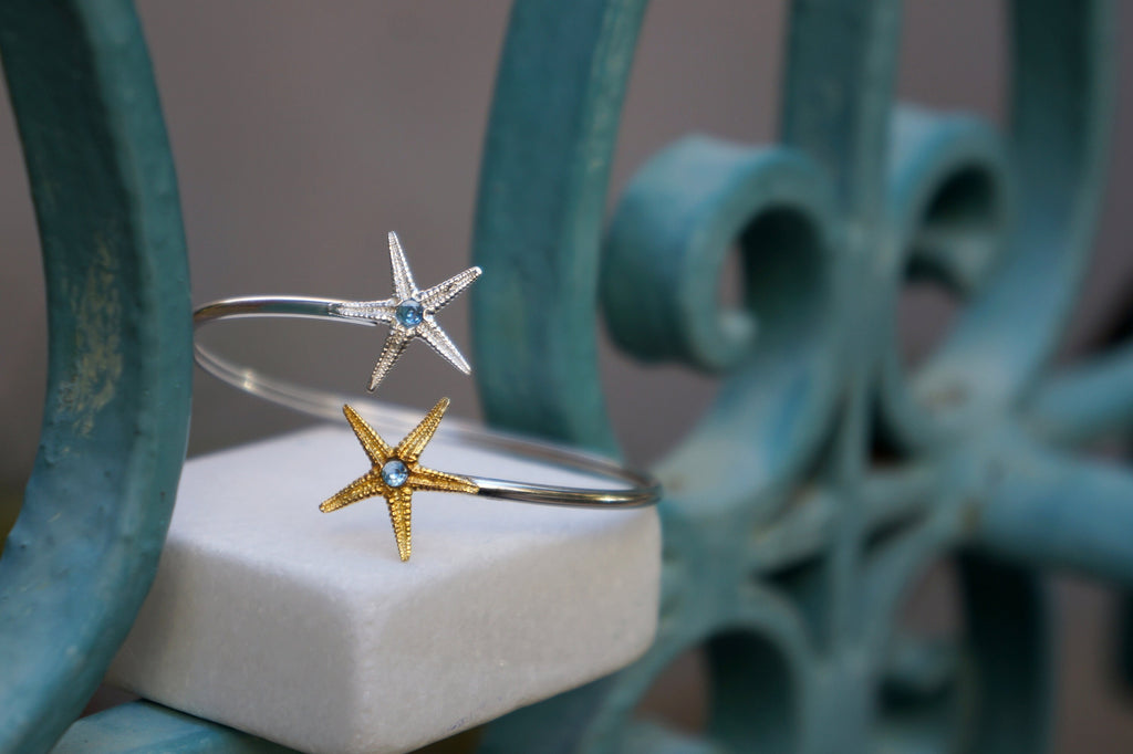Silver Starfish Bracelet – Adjustable Cuff Bangle with Blue Zircon Stones