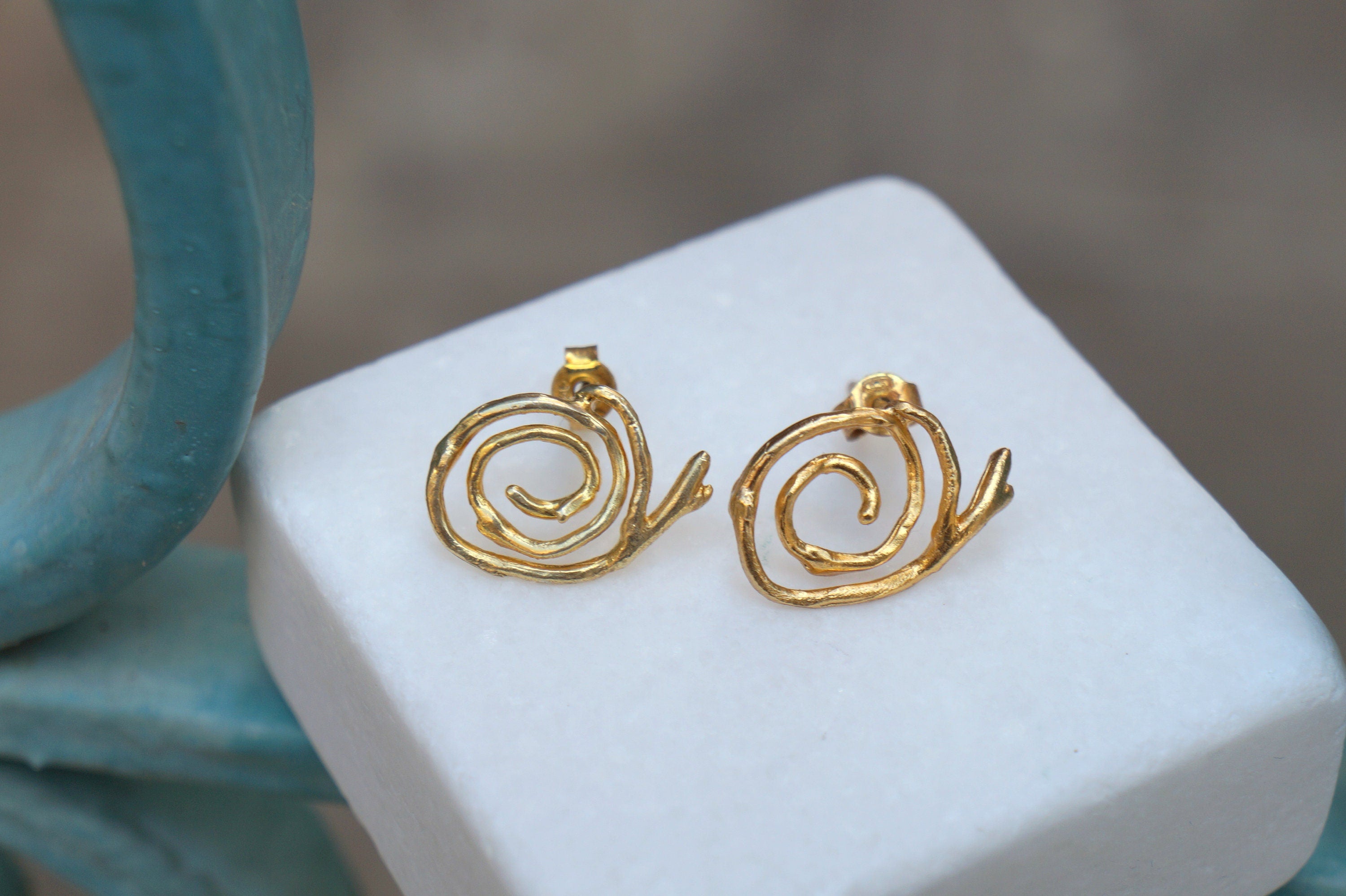 Solid Gold Earrings – Handmade Spiral Studs with Jasmine Plant Design, Gift Boxed