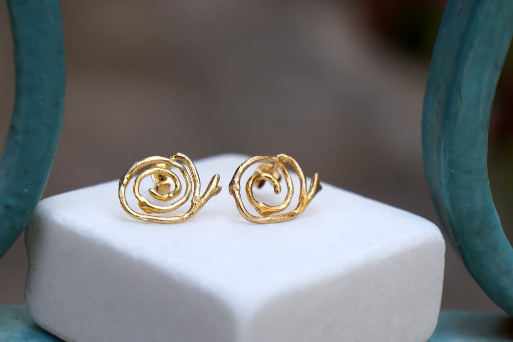 Solid Gold Earrings – Handmade Spiral Studs with Jasmine Plant Design, Gift Boxed