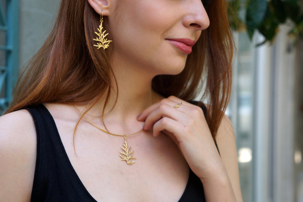 Solid Gold Leaf Earrings – Handmade 9K-18K Gold Drop Cypress Design