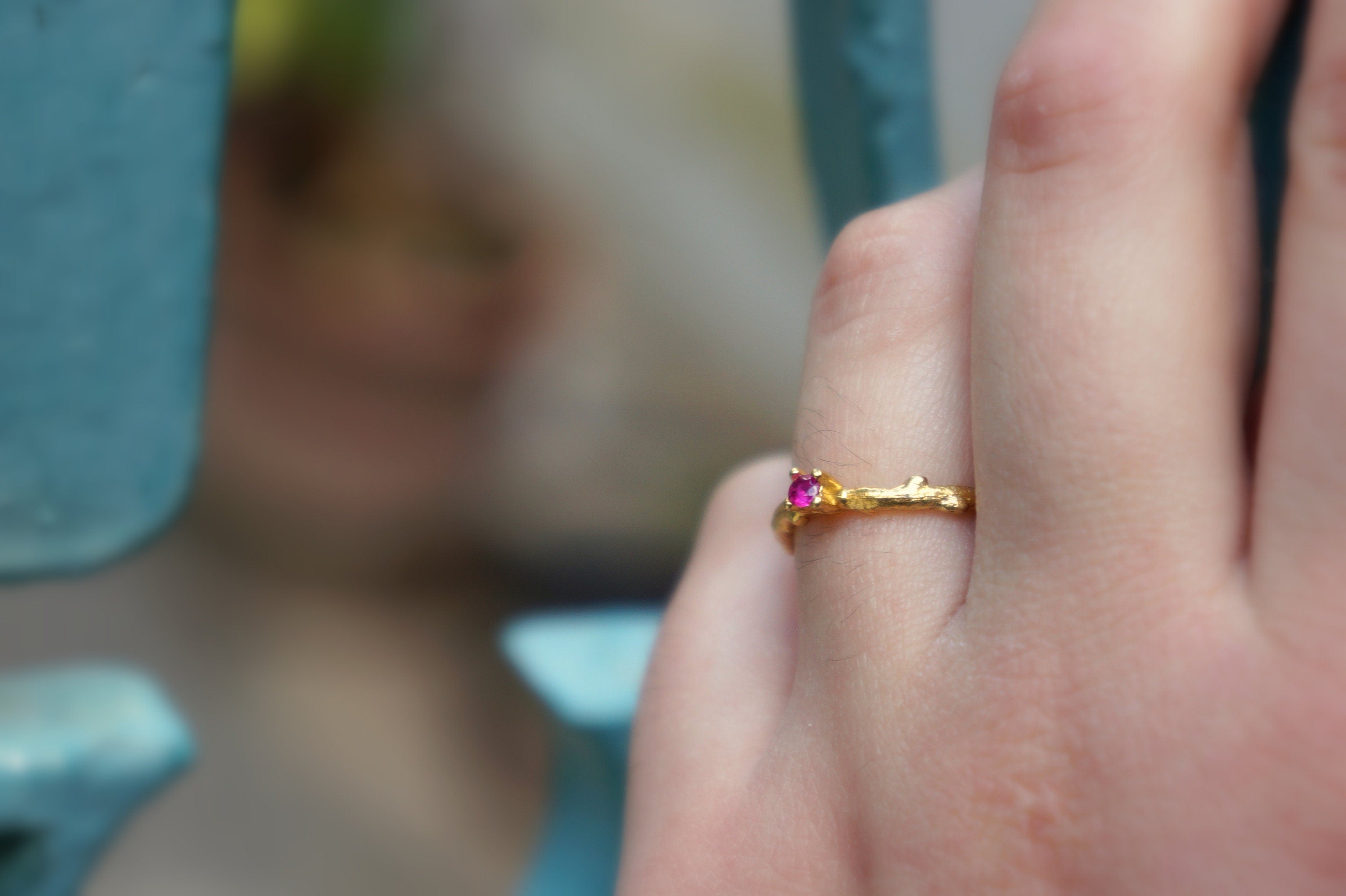 Solid Gold Promise Ring – Olive Tree Twig Design With Multi Color Zircon Band