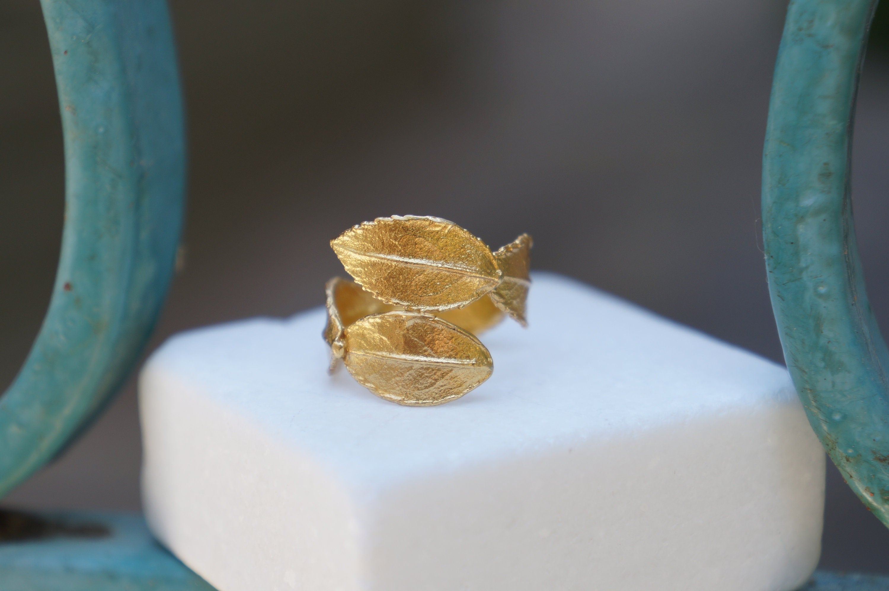 14K Gold Ring – Handmade Solid Gold Jewelry with Rose Leaf Flower Symbol Gift