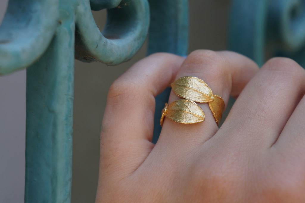 14K Gold Ring – Handmade Solid Gold Jewelry with Rose Leaf Flower Symbol Gift