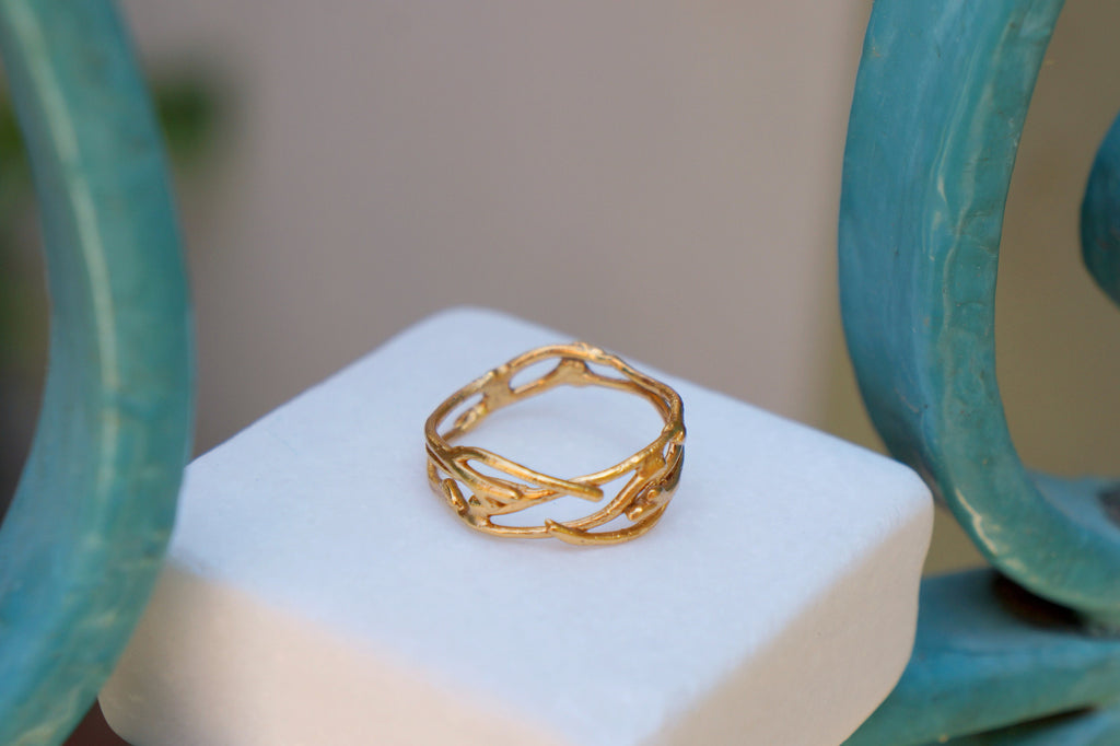 Solid Gold Jasmine Ring – Handmade Floral Twig Band in Rose & White Gold
