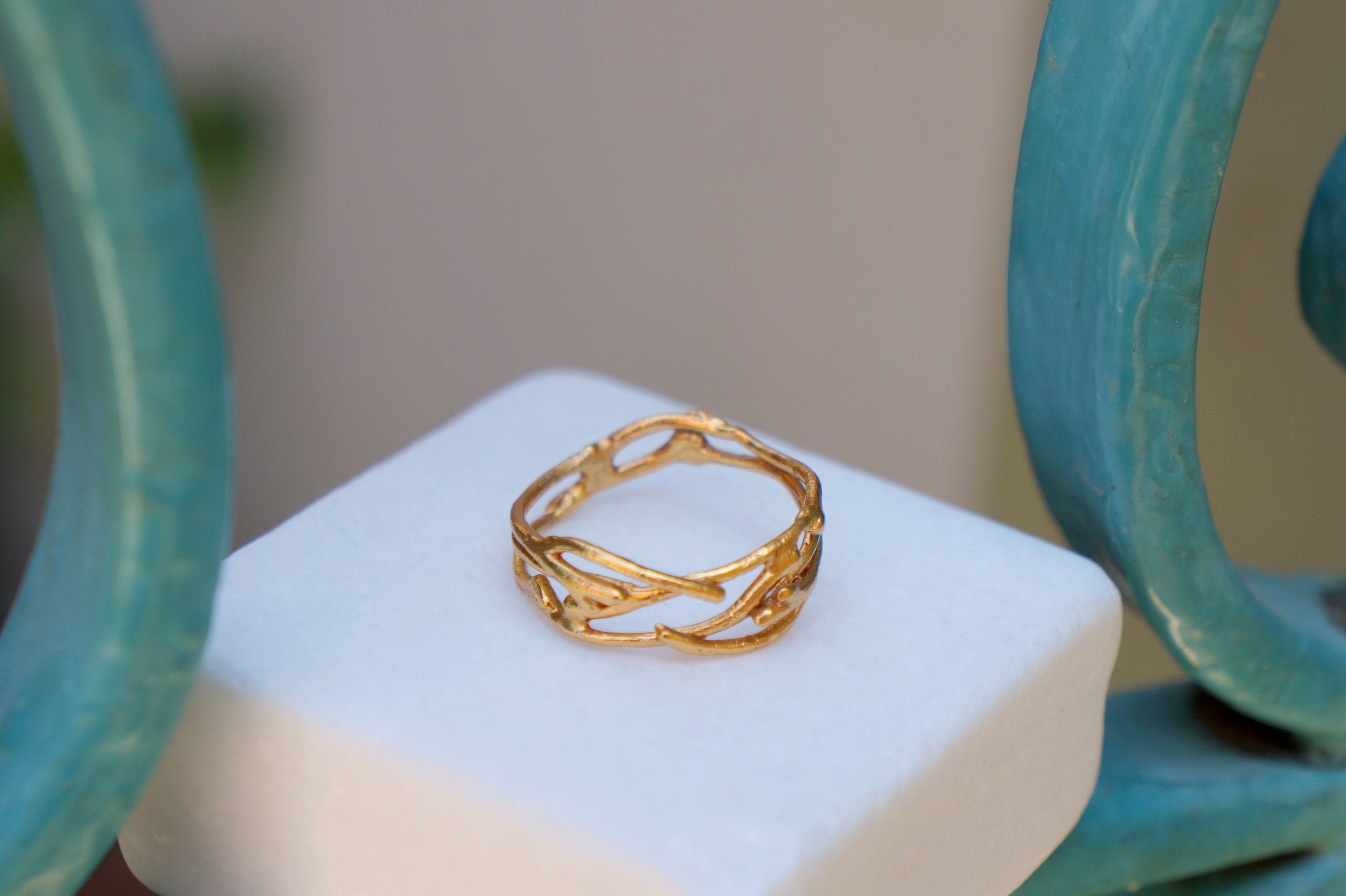 Solid Gold Jasmine Ring – Handmade Floral Twig Band in Rose & White Gold