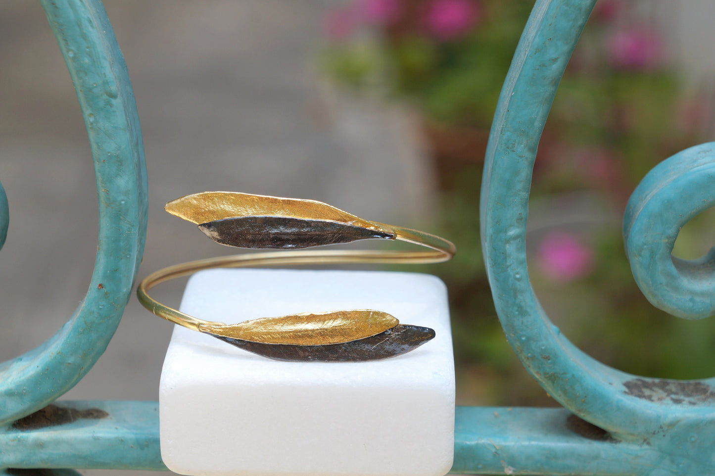Elegant Olive cuff Bracelet for Women. Adjustable Natural Cuff Bracelet 14K Gold plated and black Rhodium on sterling silver 925