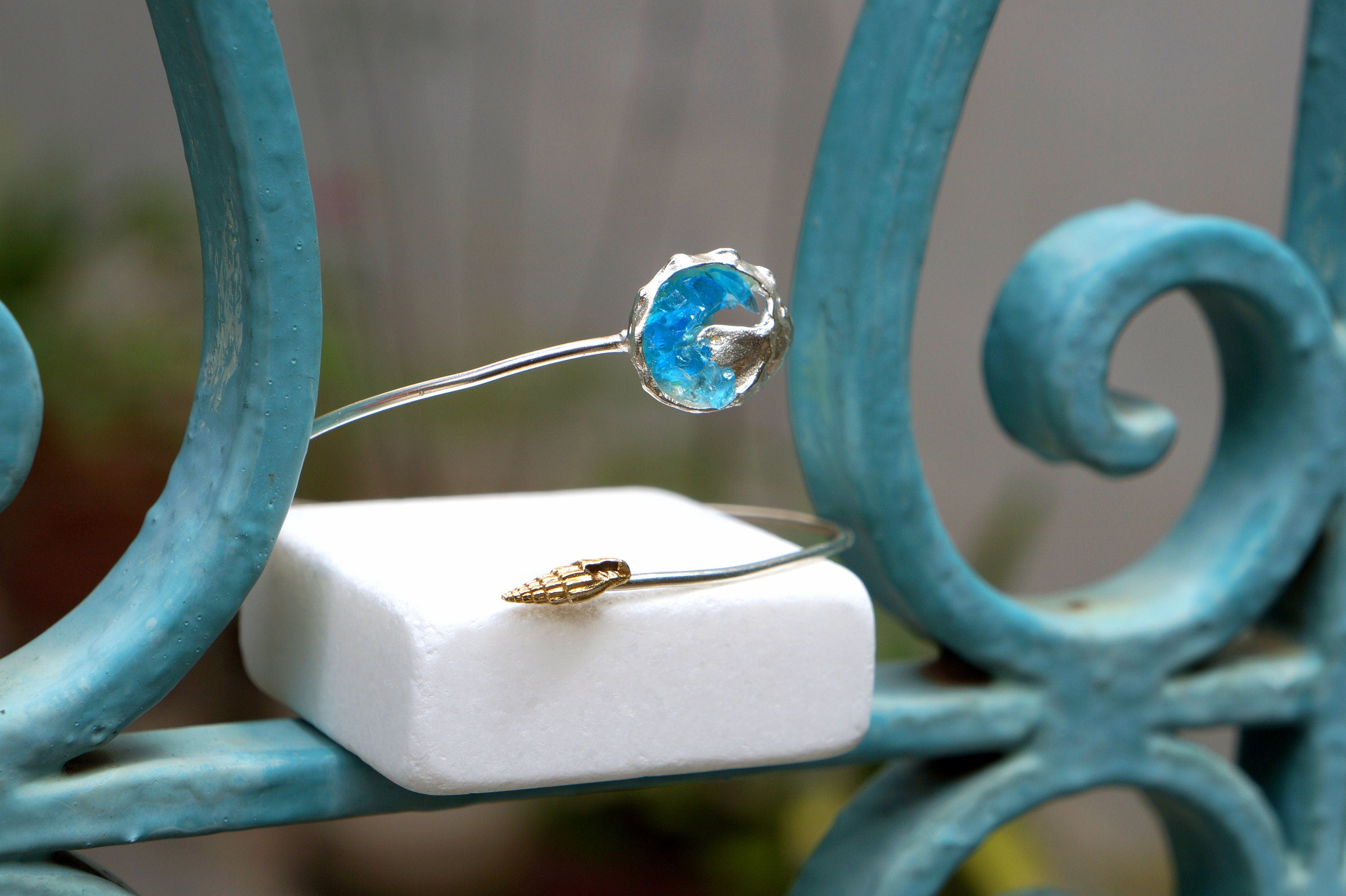 Sterling Silver Bracelet – Adjustable Summer Bangle With Blue Murano Glass & Sea Shells