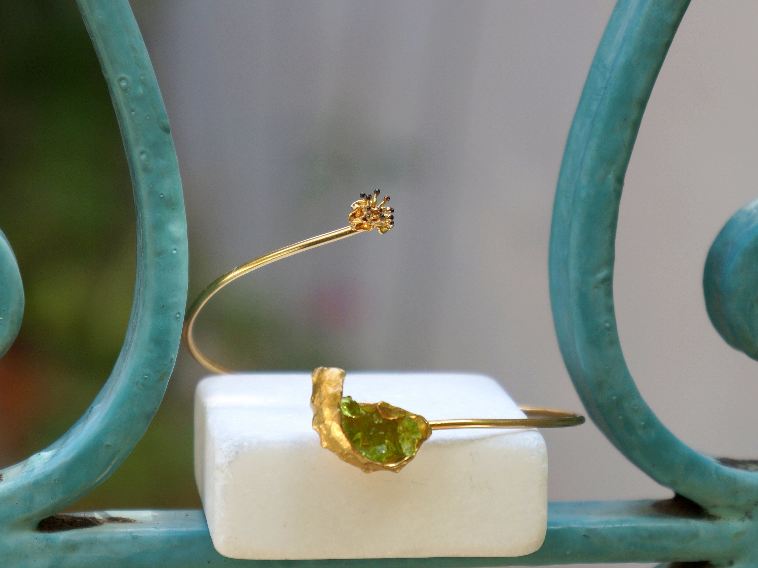 Silver Bangle Bracelet - Handmade Adjustable Sea Shell & Wild Flower Jewelry