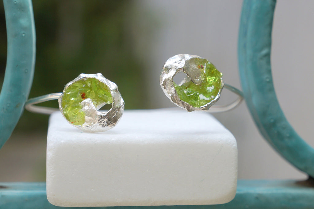 Green Murano Bracelet - Adjustable Sterling Silver Cuff With Organic Texture