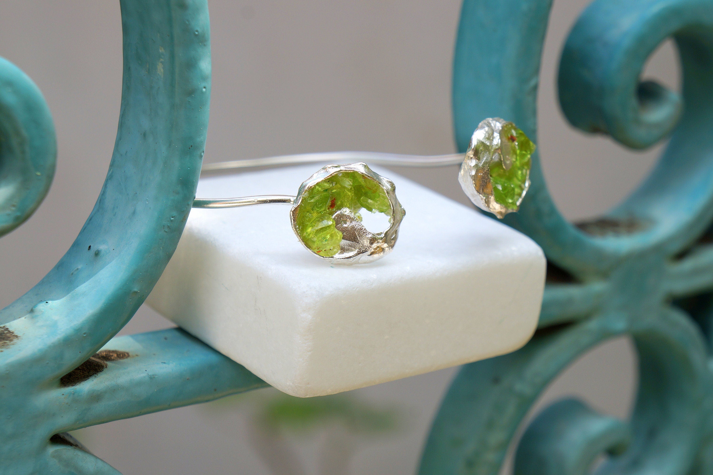 Green Murano Glass Bracelet: Sterling Silver, Adjustable Cuff