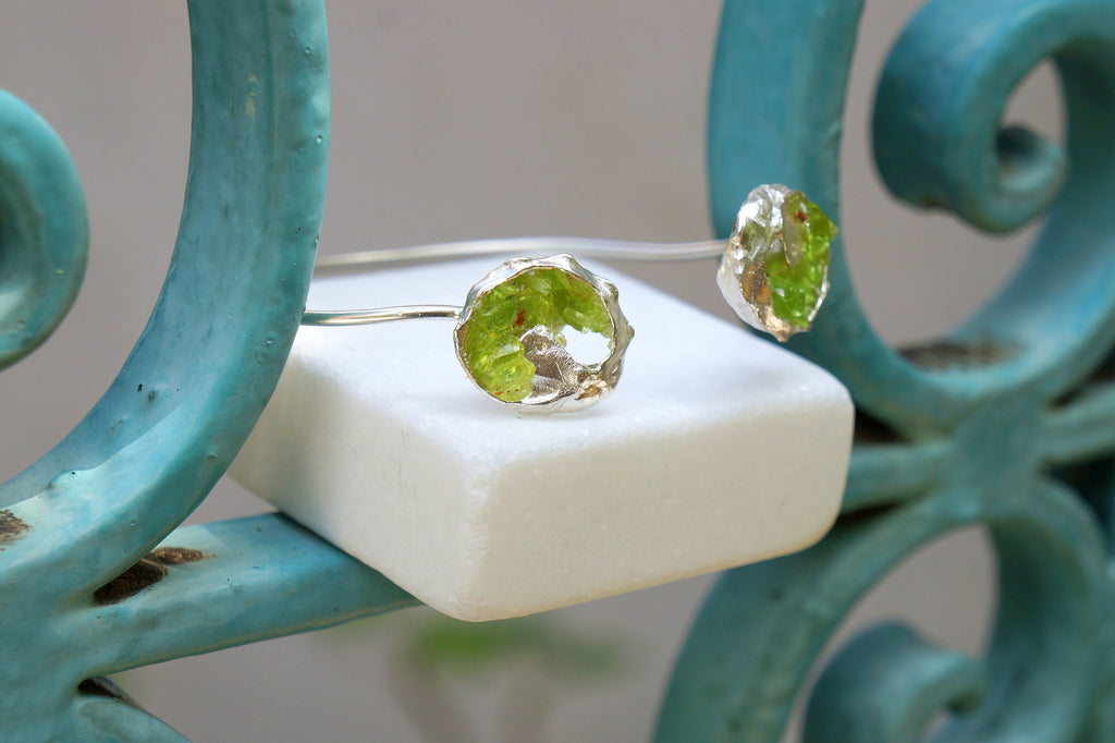 Green Murano Glass Bracelet: Sterling Silver, Adjustable Cuff