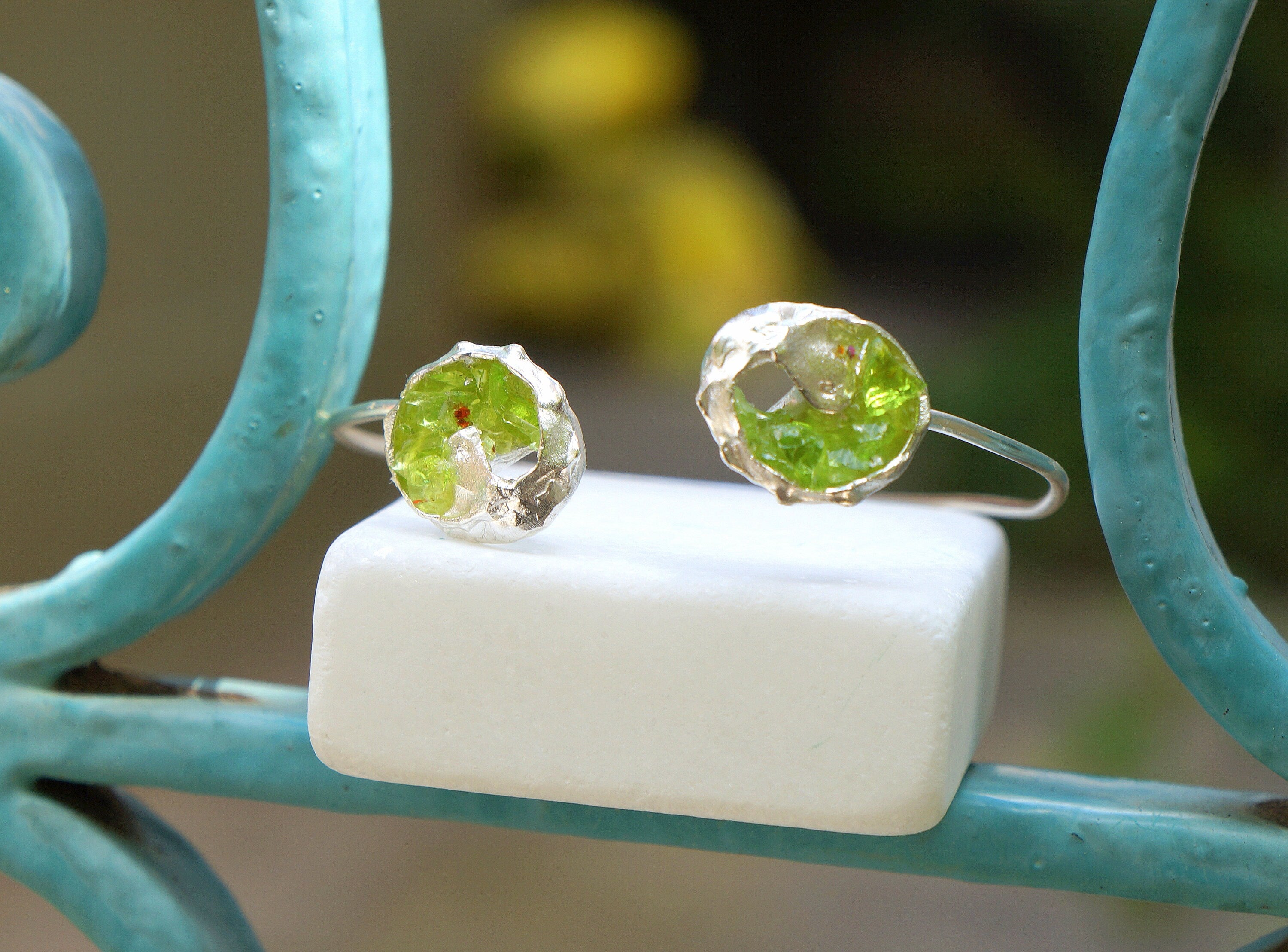 Green Murano Bracelet - Adjustable Sterling Silver Cuff With Organic Texture