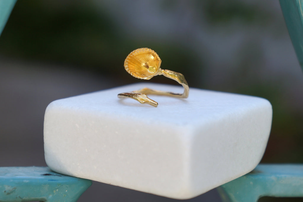 Solid Gold Ring - Handmade Sea Shell & Branch Design | Adjustable 9k, 14k, 18k Jewelry