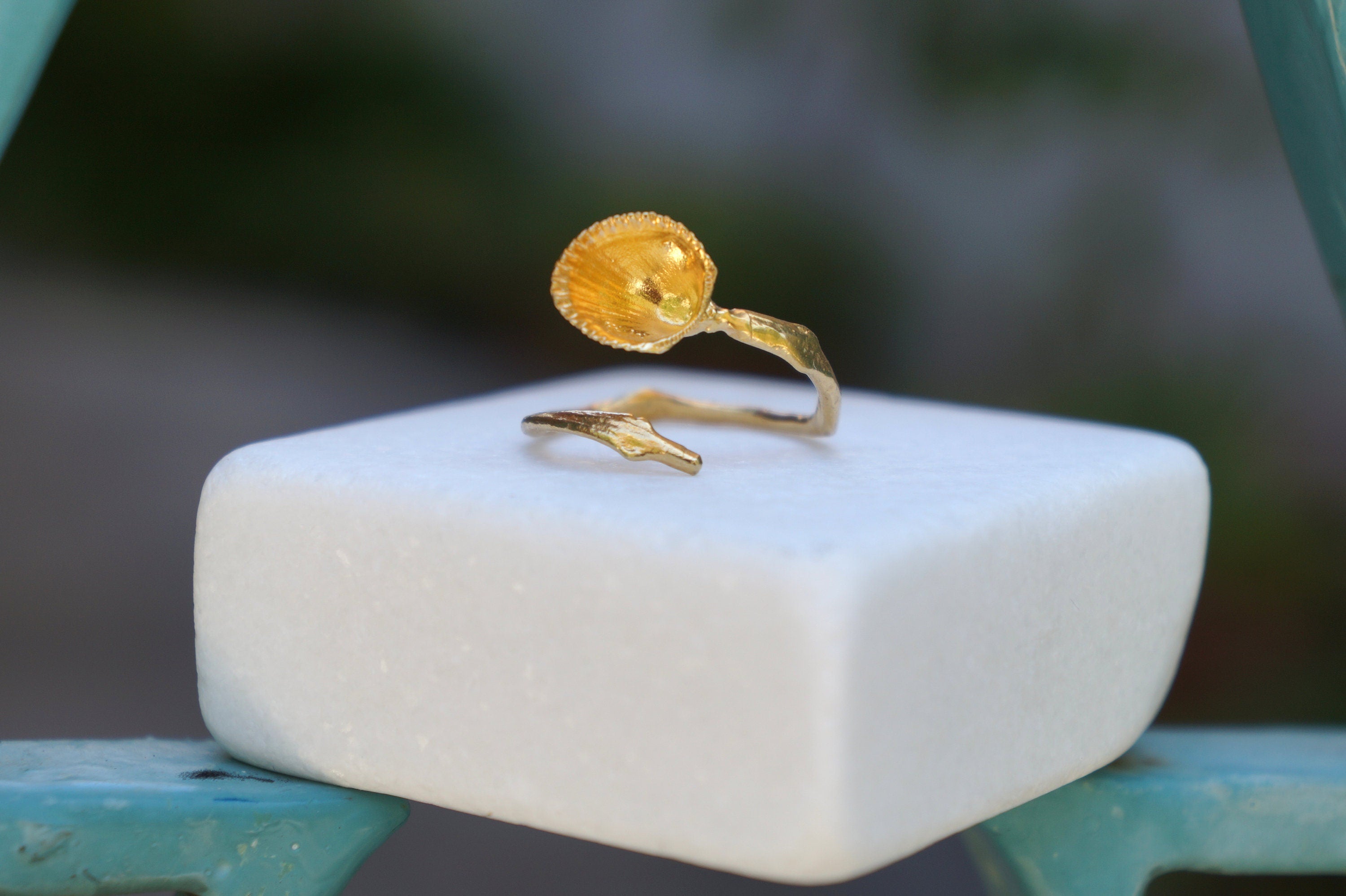 Solid Gold Ring - Handmade Sea Shell & Branch Design | Adjustable 9k, 14k, 18k Jewelry