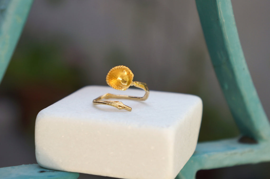 Solid Gold Ring - Handmade Sea Shell & Branch Design | Adjustable 9k, 14k, 18k Jewelry
