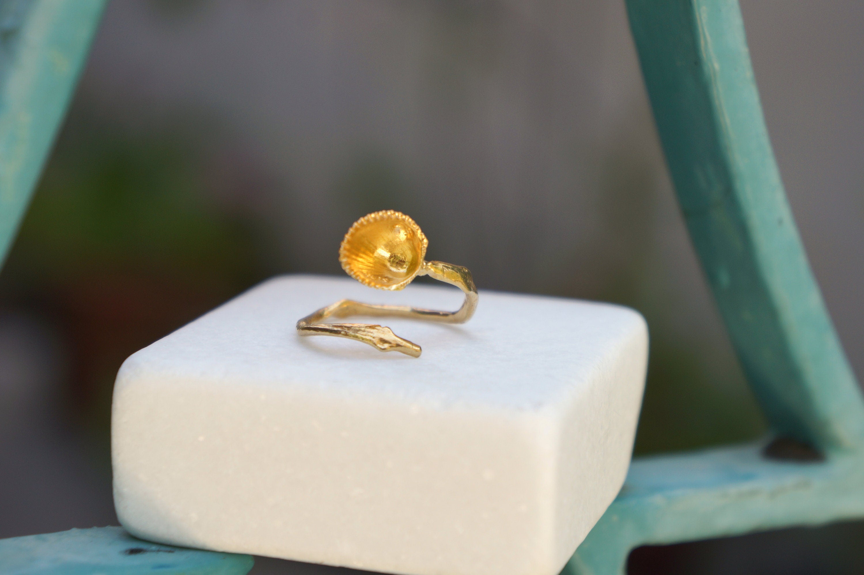 Solid Gold Ring - Handmade Sea Shell & Branch Design | Adjustable 9k, 14k, 18k Jewelry