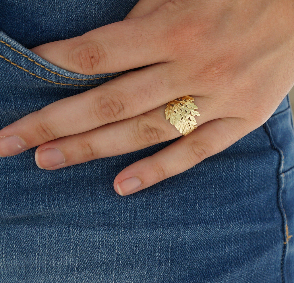 Solid Gold Fern Leaf Ring, Handmade Nature-Inspired Jewelry, Organic Forest Band, Gift for Growth & Protection (9K, 14K, 18K Real Gold)