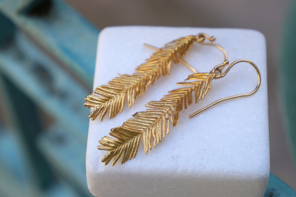 Solid Gold Earrings – Long Leaf Earrings Handmade With Delicate Acacia Leaf Design