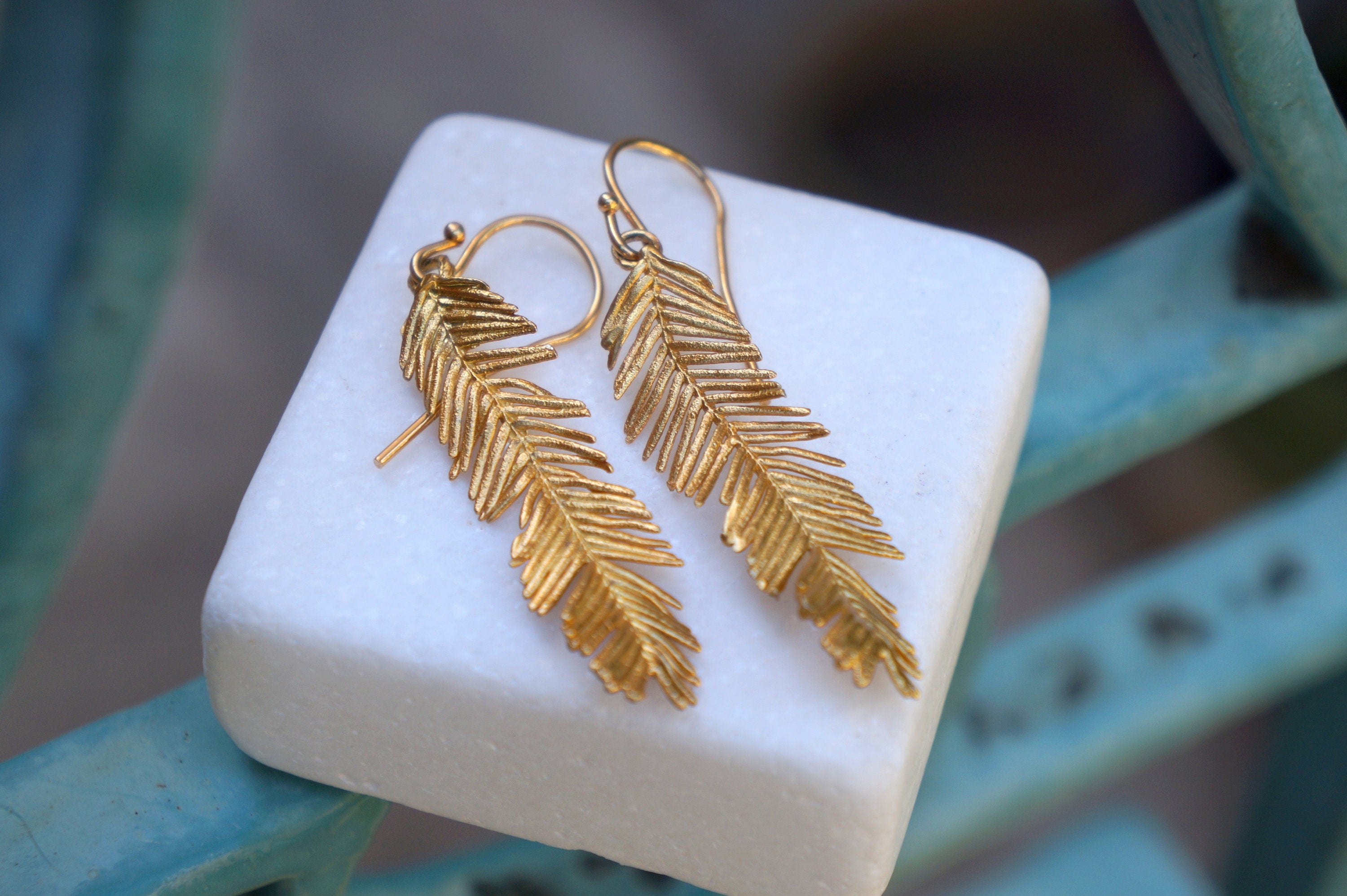 Solid Gold Earrings – Long Leaf Earrings Handmade With Delicate Acacia Leaf Design