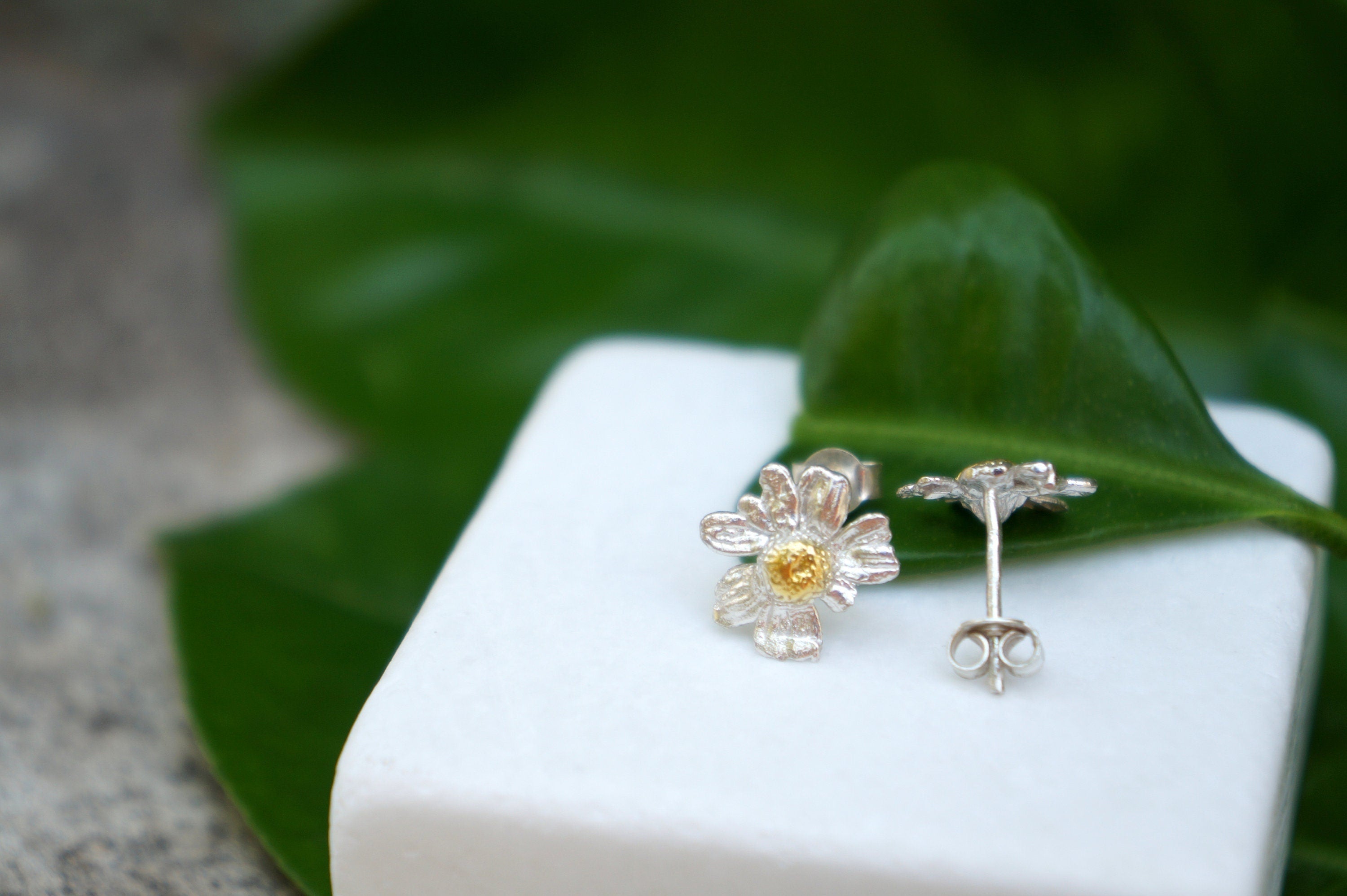 Chamomile Stud Earrings, Sterling Silver Jewelry, Eco Nature-Inspired Gift