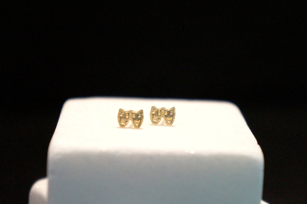 Solid Gold Stud Earrings - 14k Theater Mask Earrings With Butterfly Clips