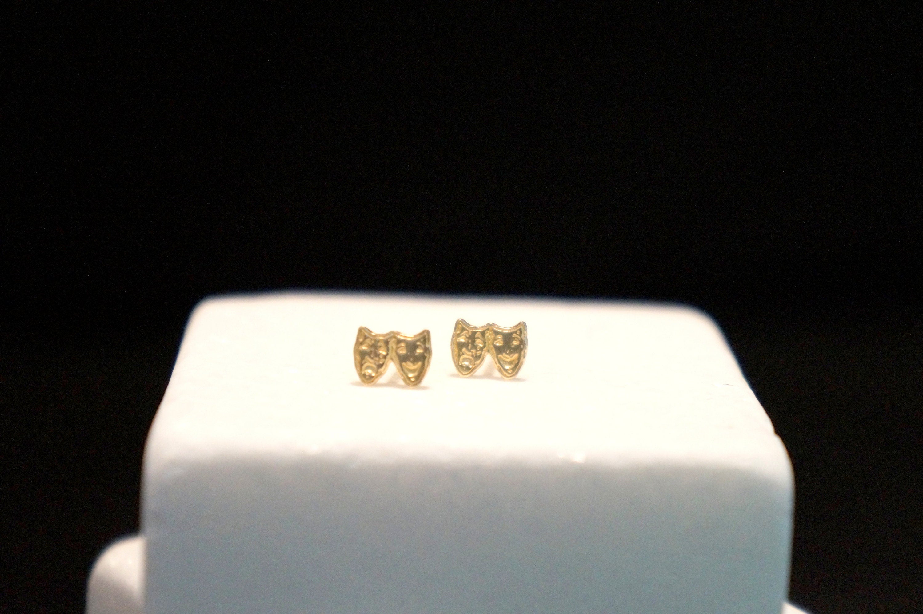 Solid Gold Stud Earrings - 14k Theater Mask Earrings With Butterfly Clips