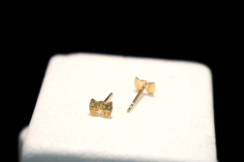 Solid Gold Stud Earrings - 14k Theater Mask Earrings With Butterfly Clips