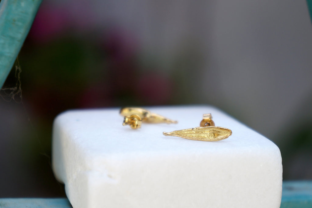 Solid Gold Leaf Earrings – Small Olive Leaf Studs with Gold Butterfly Backs