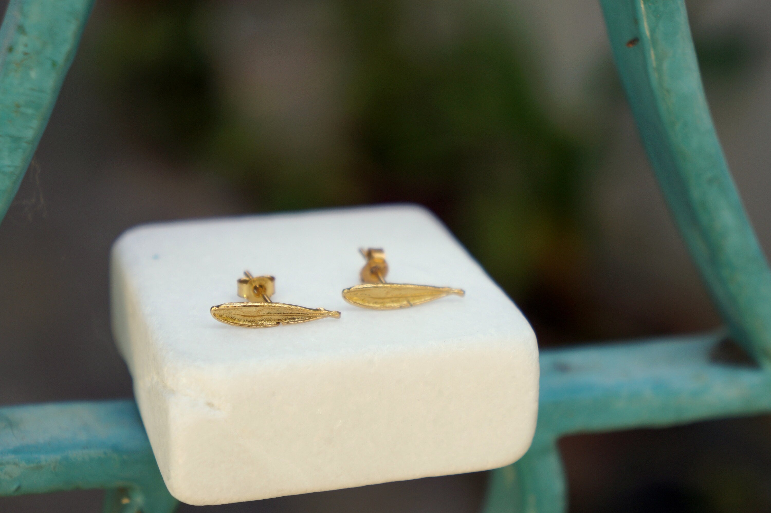 Solid Gold Leaf Earrings – Small Olive Leaf Studs with Gold Butterfly Backs