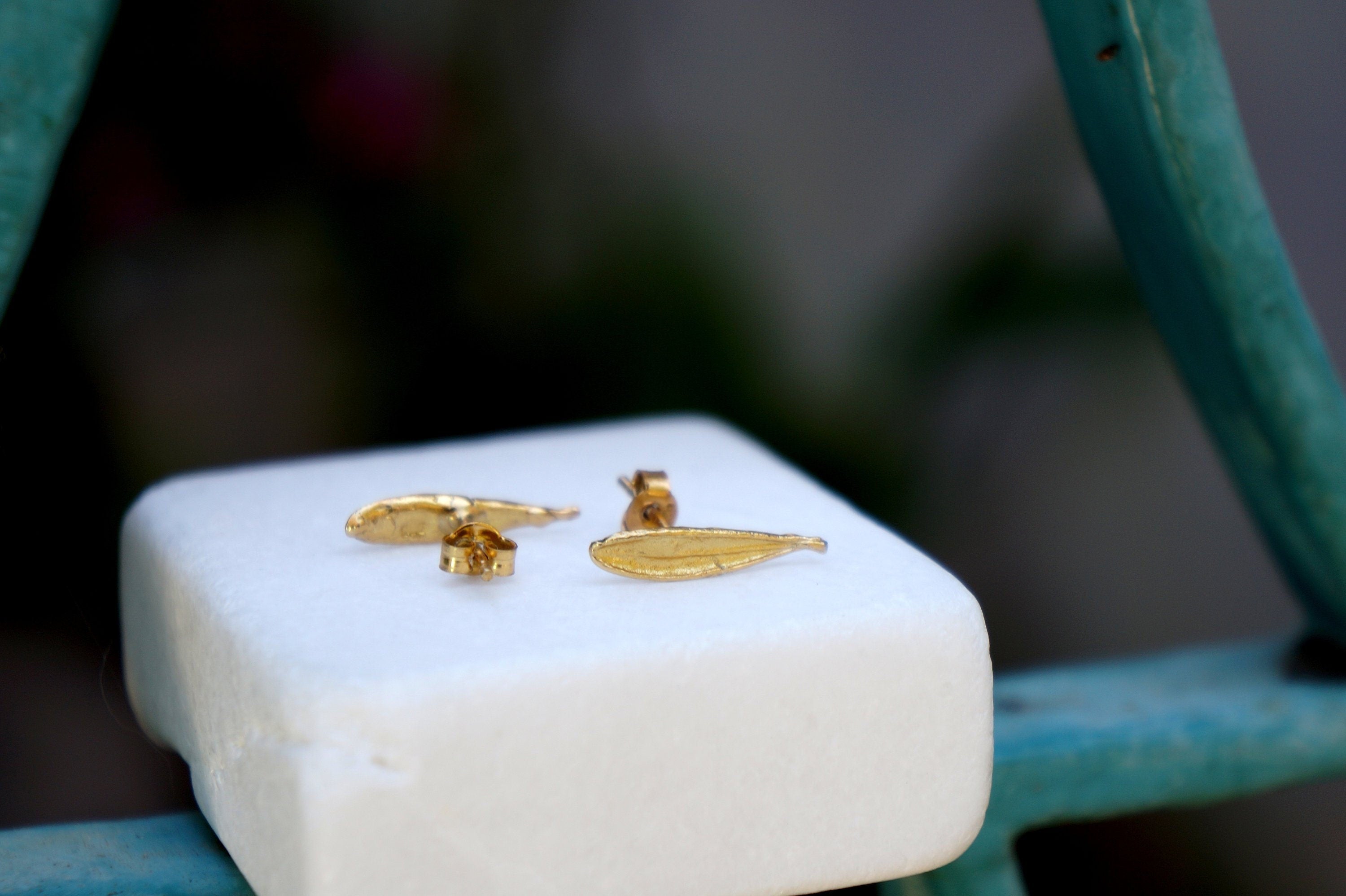 Solid Gold Leaf Earrings – Small Olive Leaf Studs with Gold Butterfly Backs