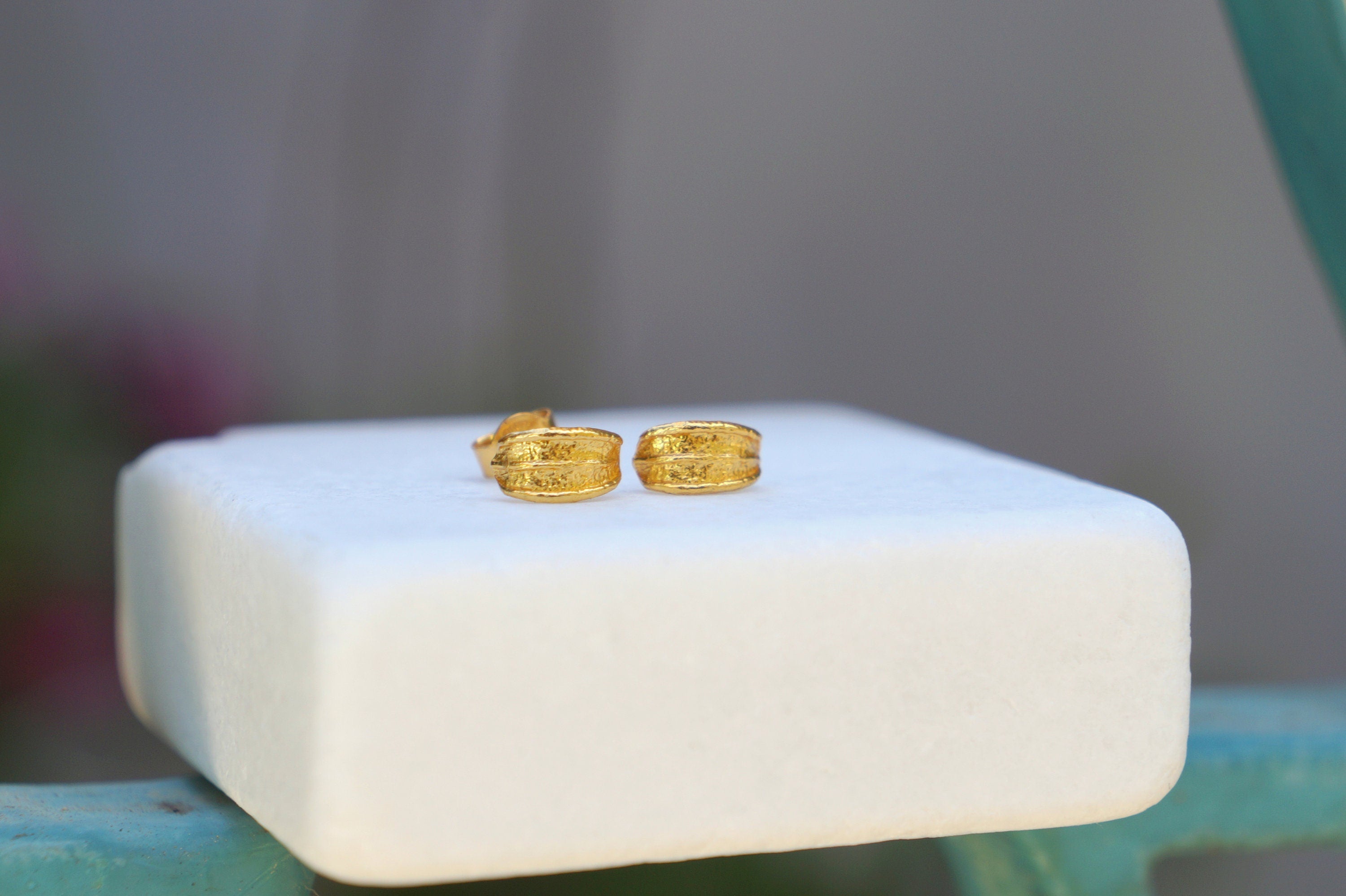 Solid Gold Stud Earrings – Tiny Olive Leaf Mini Earrings | Handmade Gift Boxed