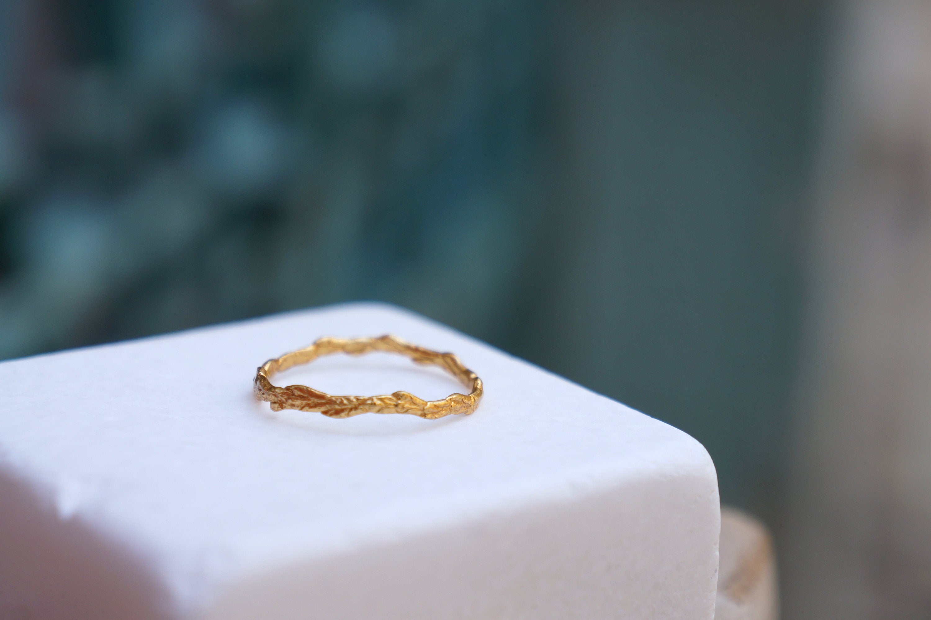 Thin Gold Twig Ring – Dainty Handmade Gold Band with Organic Design