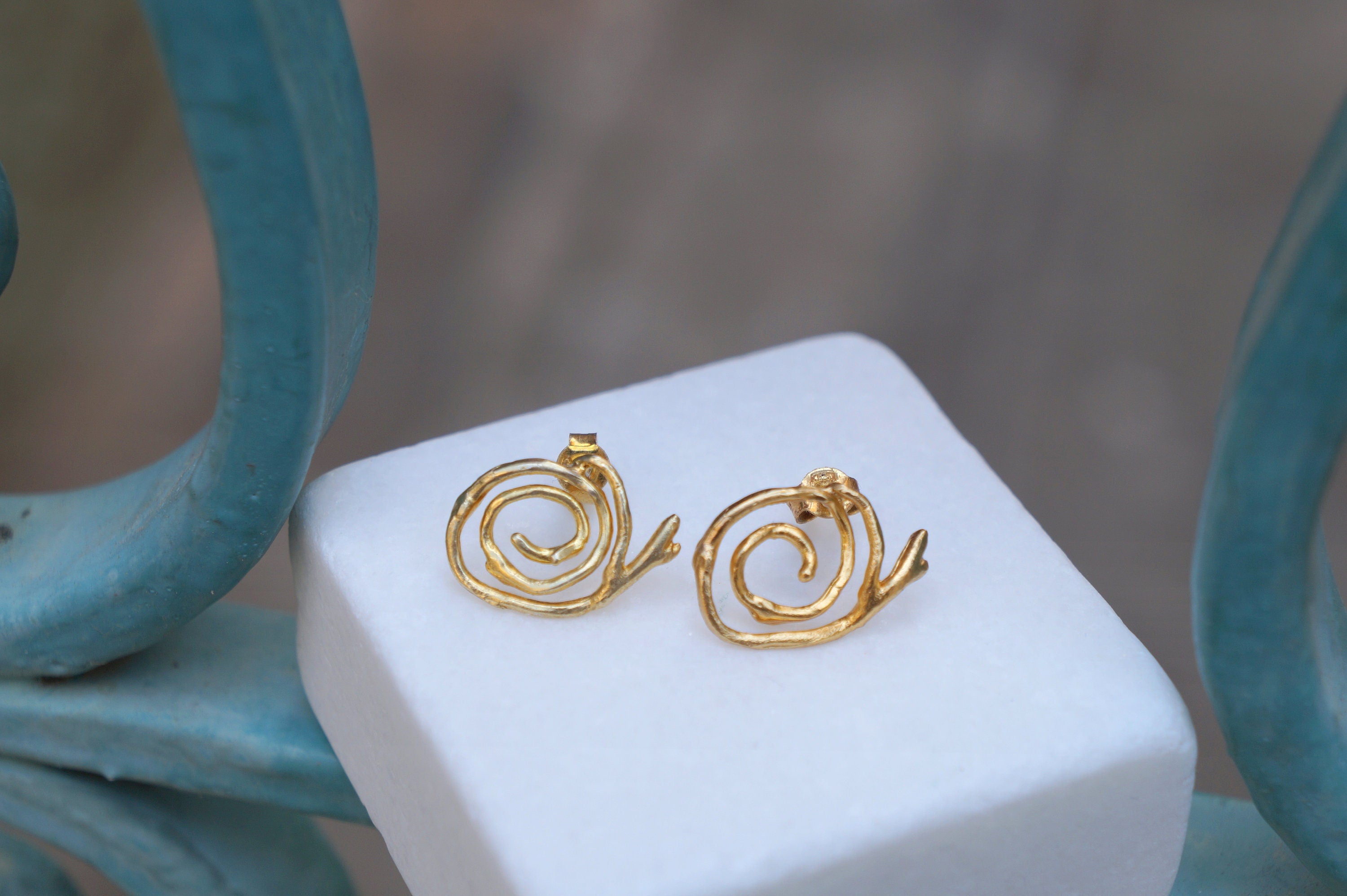 Solid Gold Earrings – Handmade Spiral Studs with Jasmine Plant Design, Gift Boxed