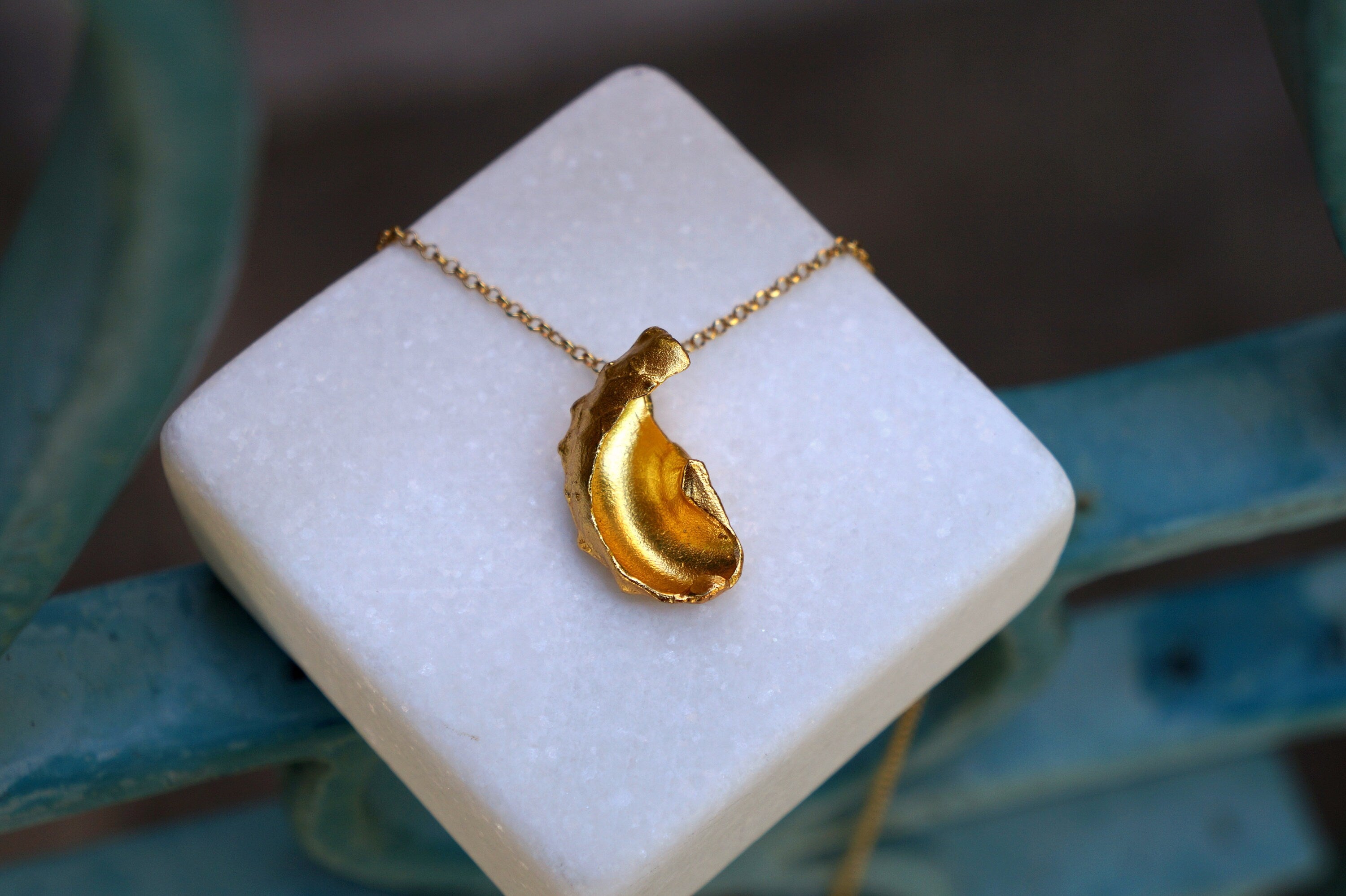 Solid Gold Pendant - Handmade 14K Gold Sea Shell Necklace with Elegant Chain