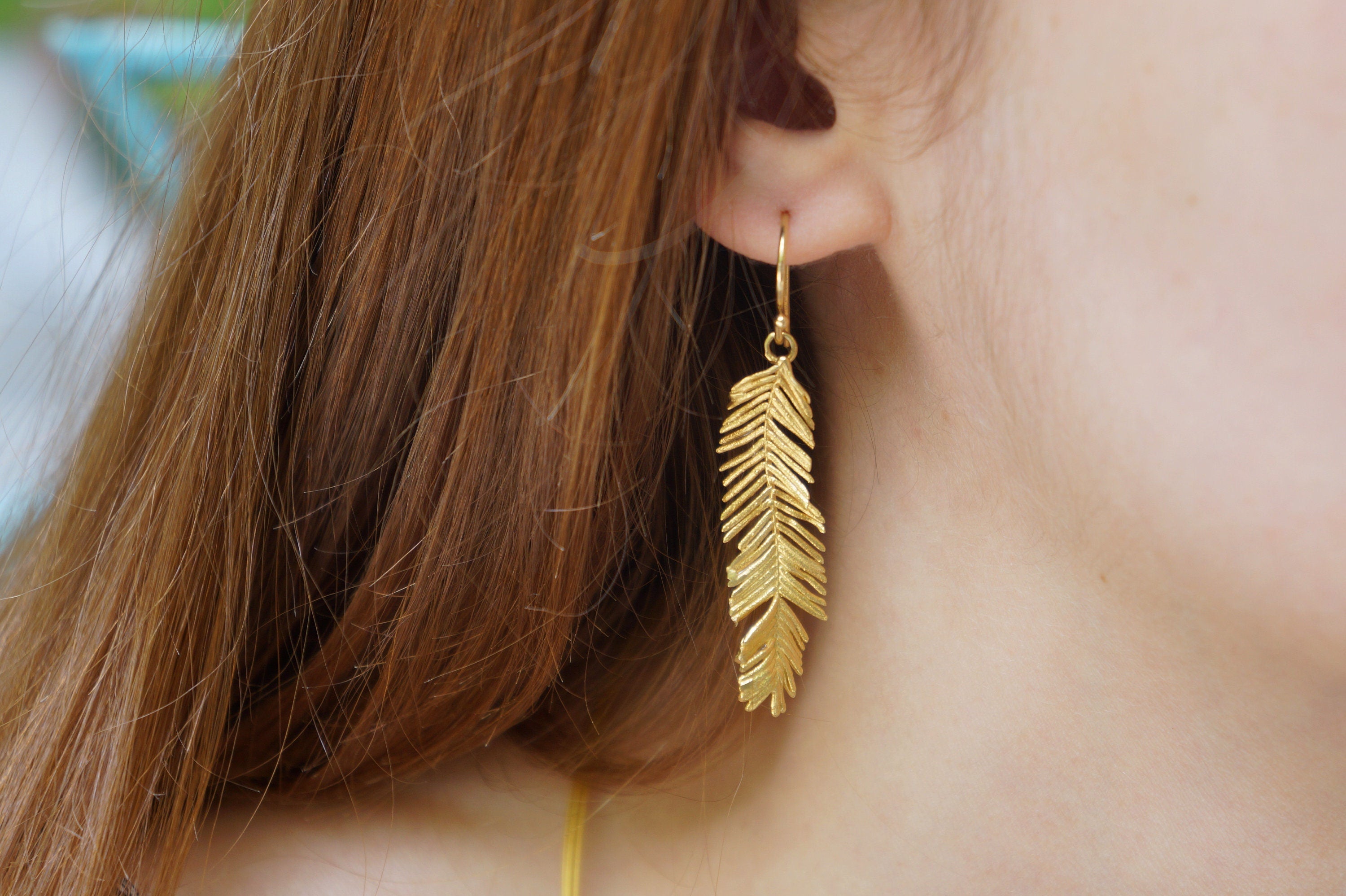 Solid Gold Earrings – Long Leaf Earrings Handmade With Delicate Acacia Leaf Design