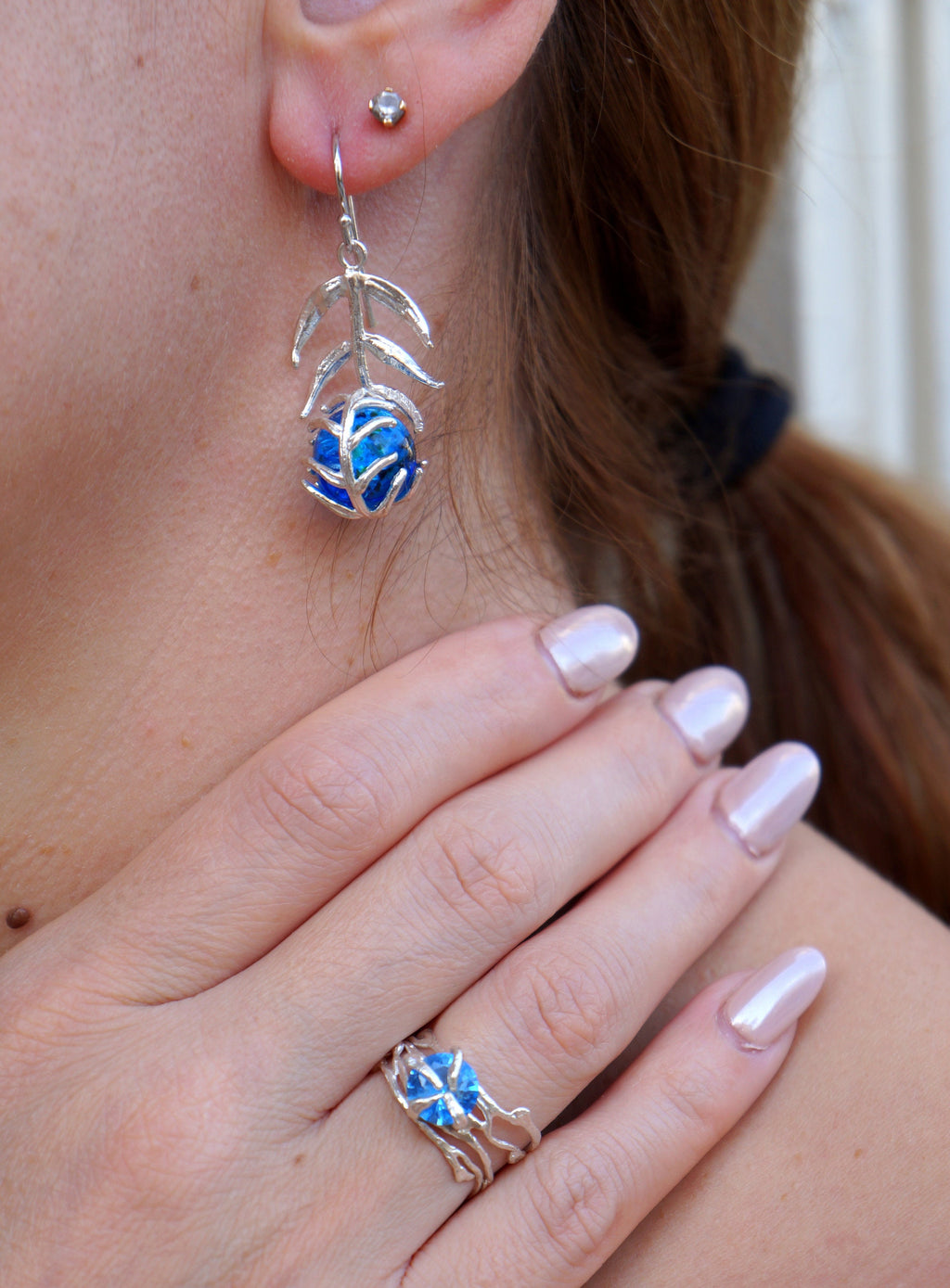 Nature-Inspired Turquoise Earrings, Araucaria Leaf (Sterling Silver)