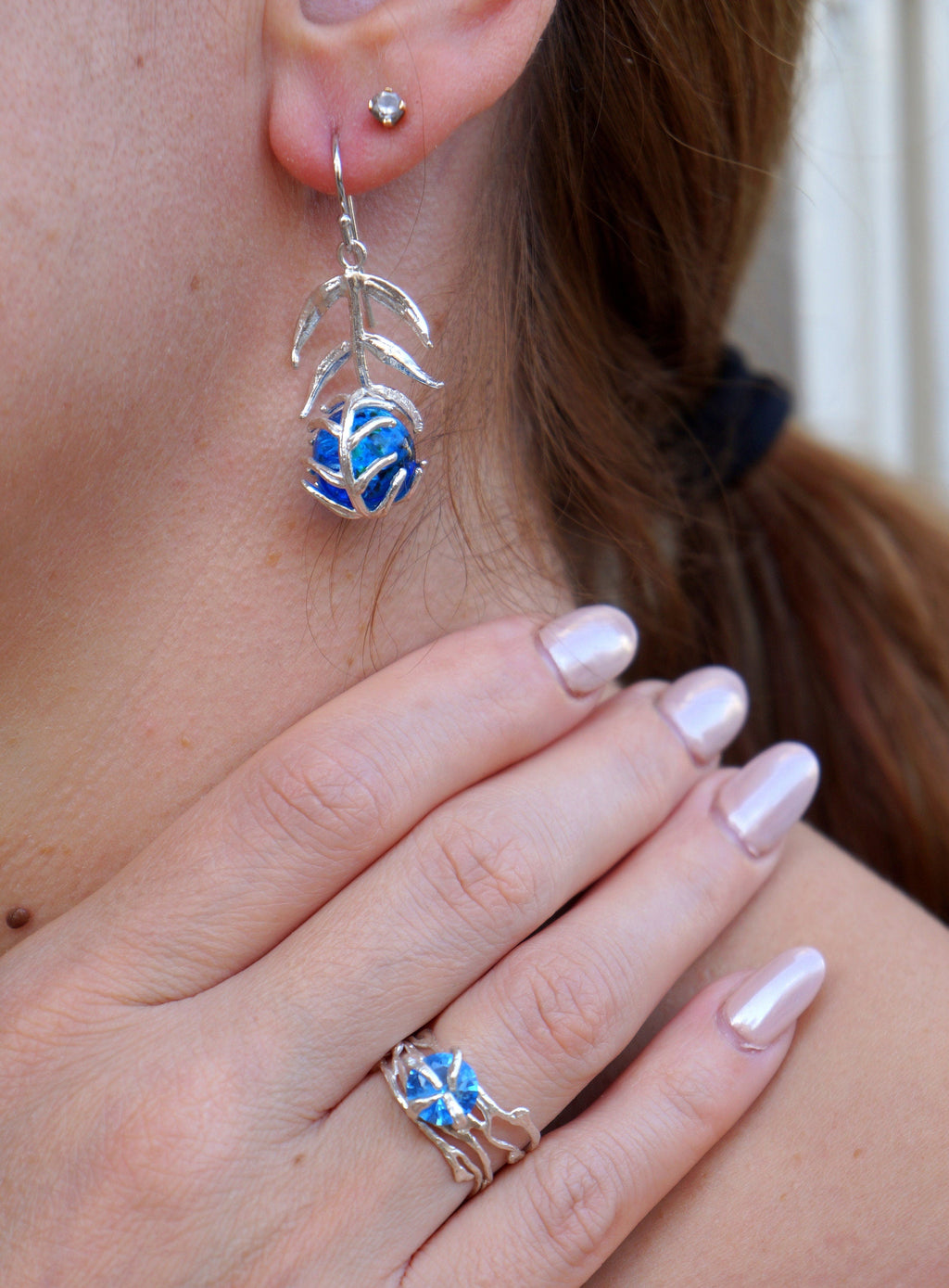 Nature-Inspired Turquoise Earrings, Araucaria Leaf (Sterling Silver)