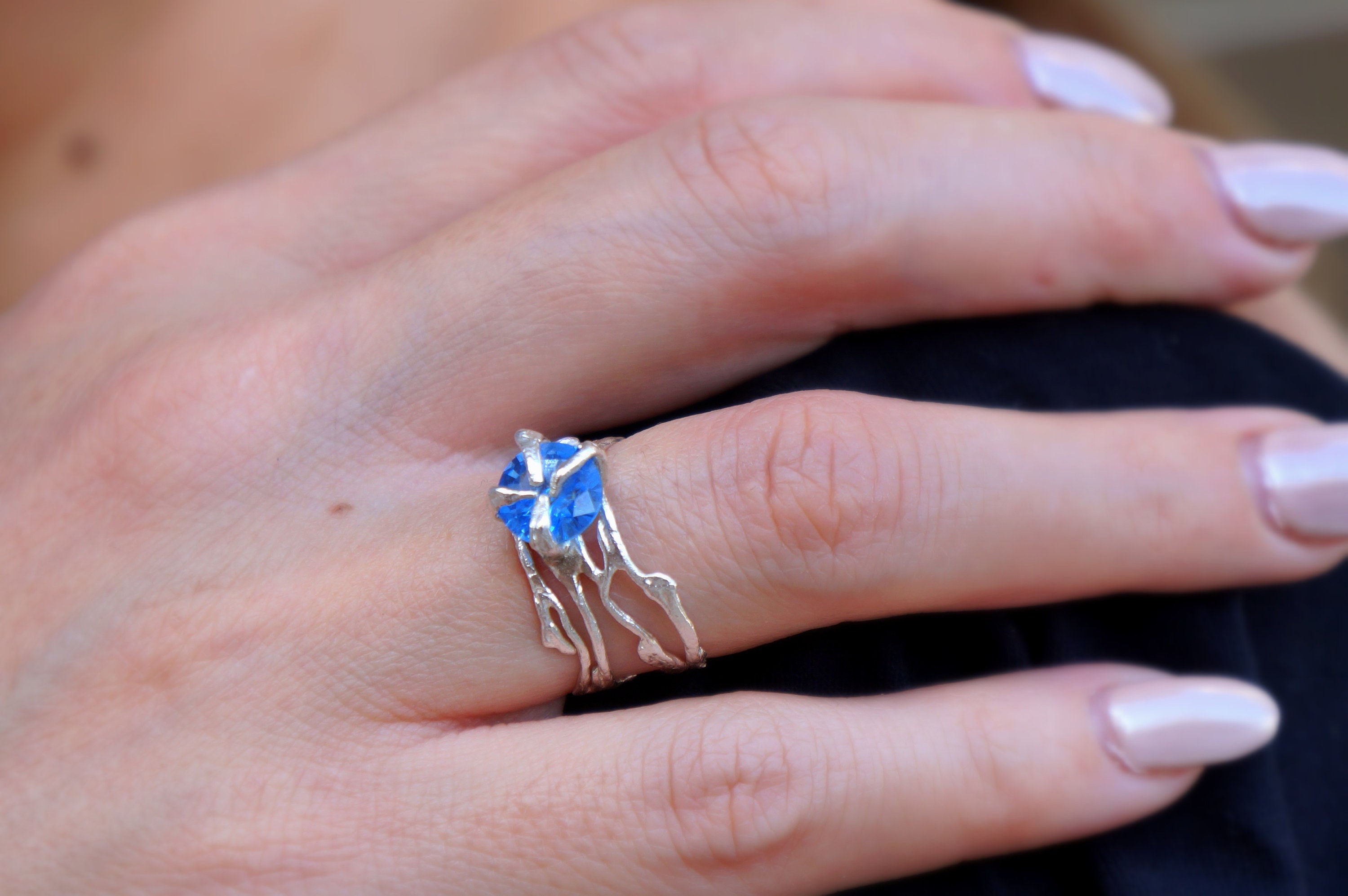 Twig Engagement Ring – Raw Zircon Jasmine Branch Sterling Silver Floral Jewelry