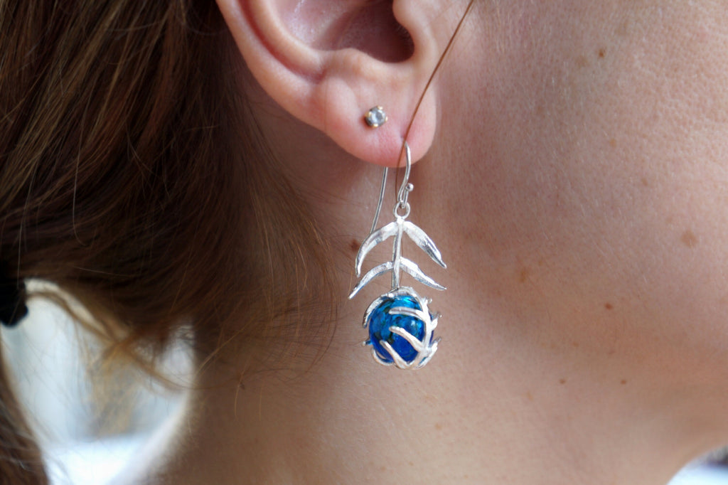 Nature-Inspired Turquoise Earrings, Araucaria Leaf (Sterling Silver)