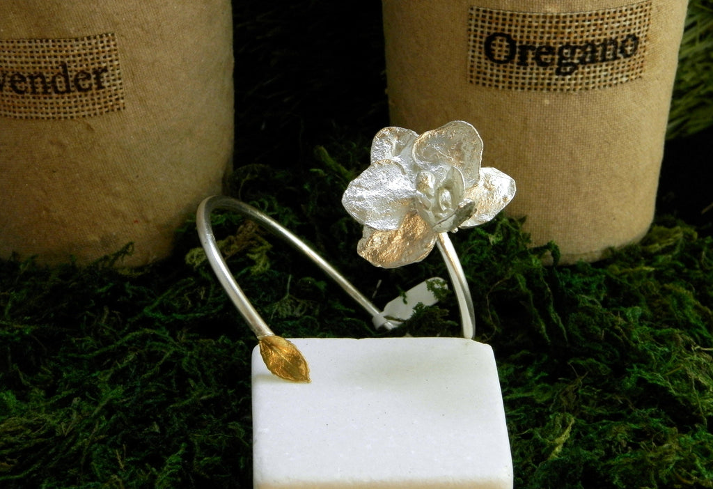 Silver Cuff Bracelet: Real Orchid and Rose Leaf Detail - Adjustable