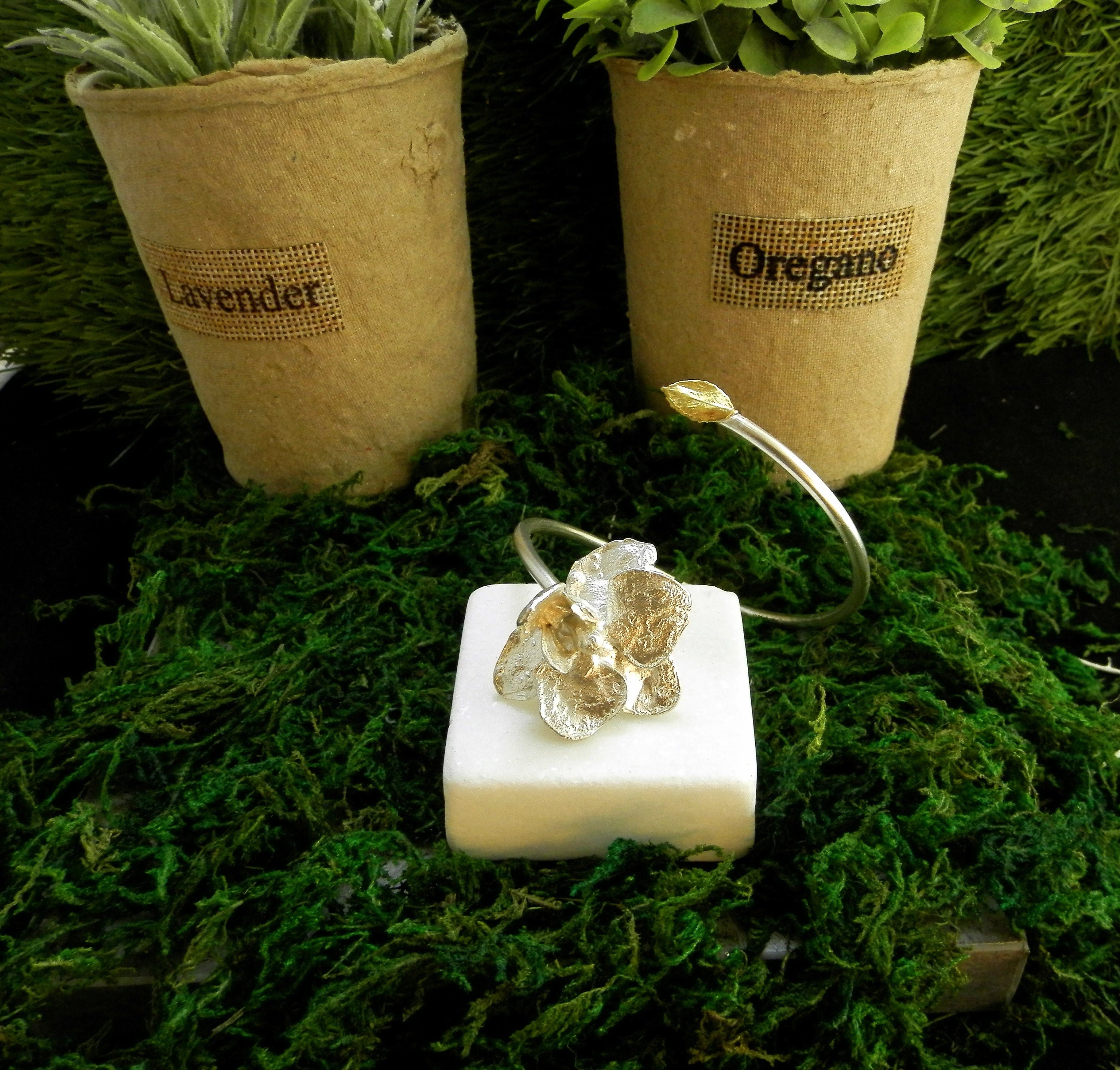Silver Cuff Bracelet: Real Orchid and Rose Leaf Detail - Adjustable