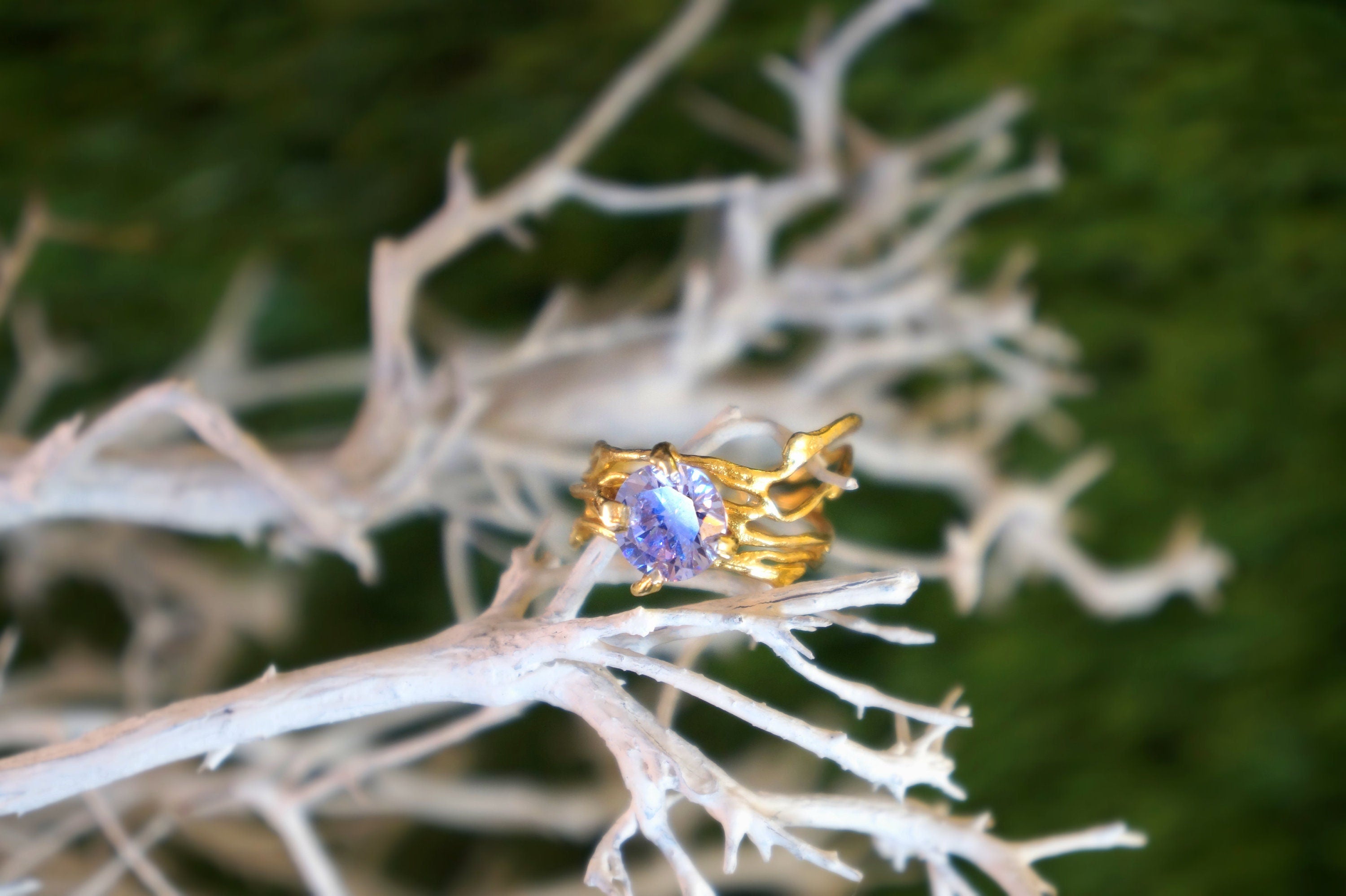 Jasmine Twig Ring – Gold Plated Sterling Silver Nature Inspired Unique Gemstone Jewelry