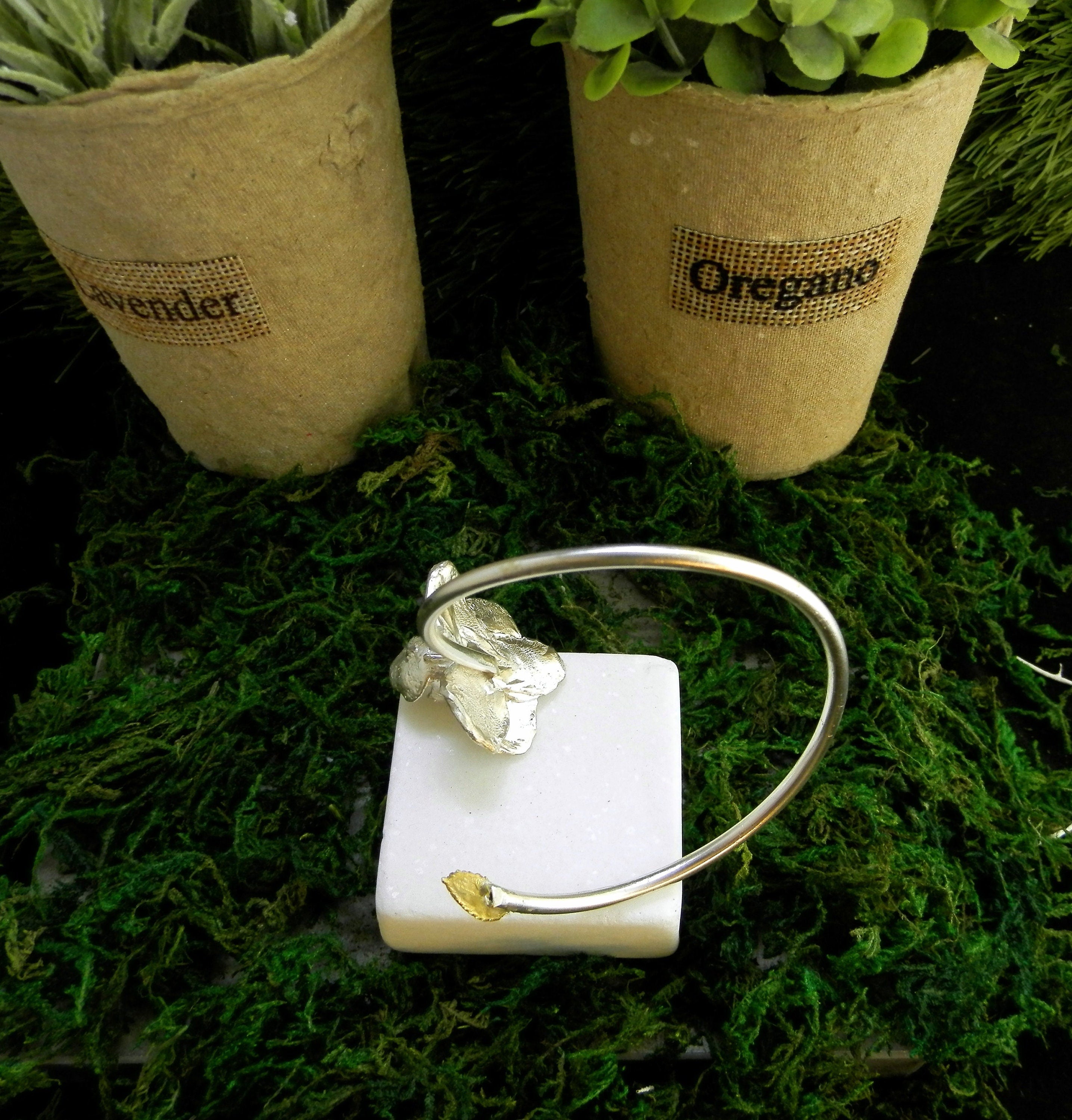 Silver Cuff Bracelet: Real Orchid and Rose Leaf Detail - Adjustable