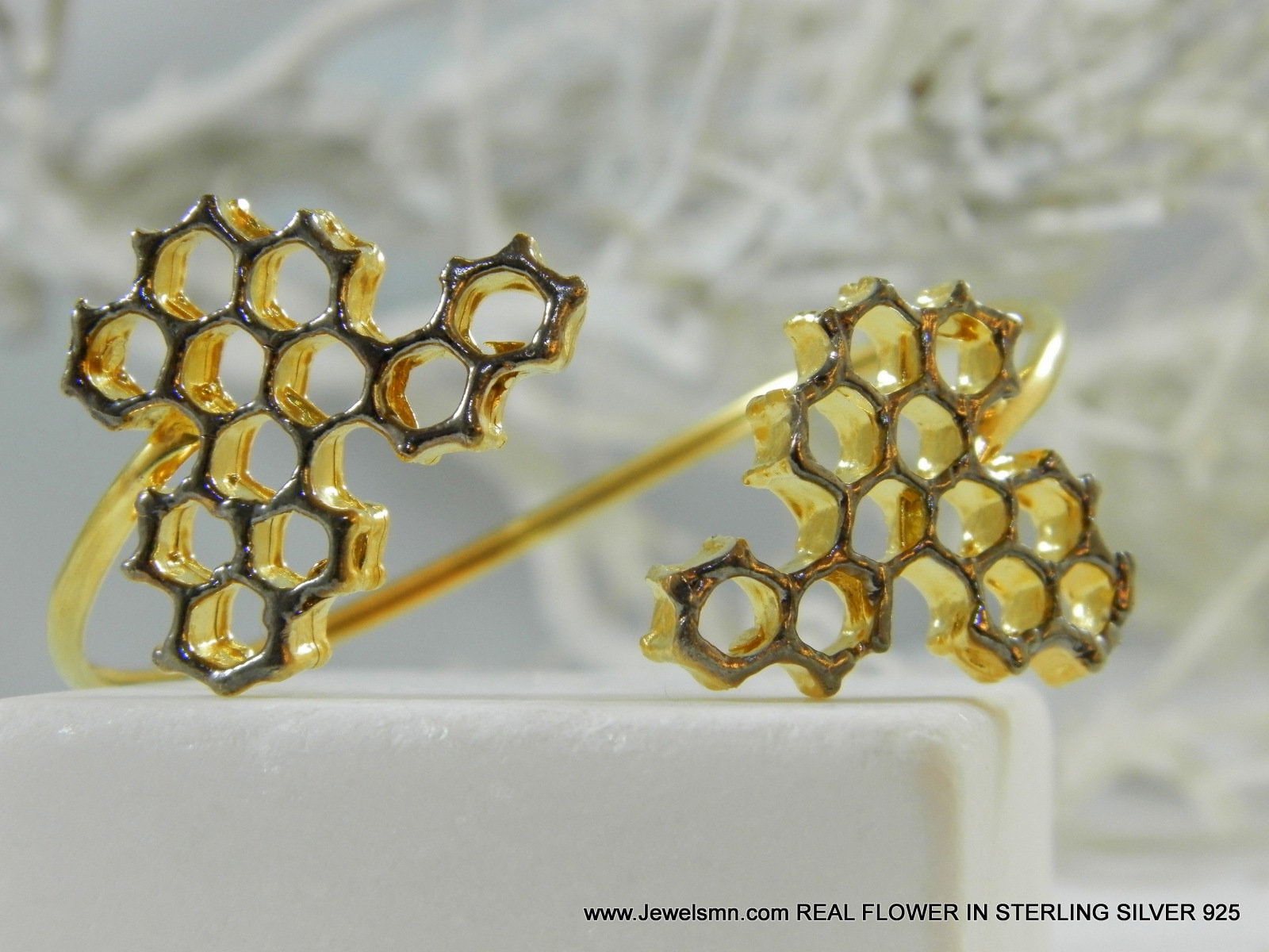 Honeycomb Bee Bracelet: Two-Tone Gold and Black Wide Cuff