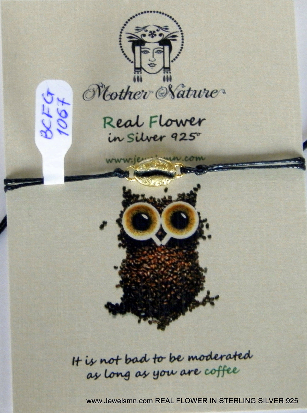 Coffee Bean Bracelet, Sterling Silver or Gold-Plated, Adjustable Cord, Minimalist Jewelry